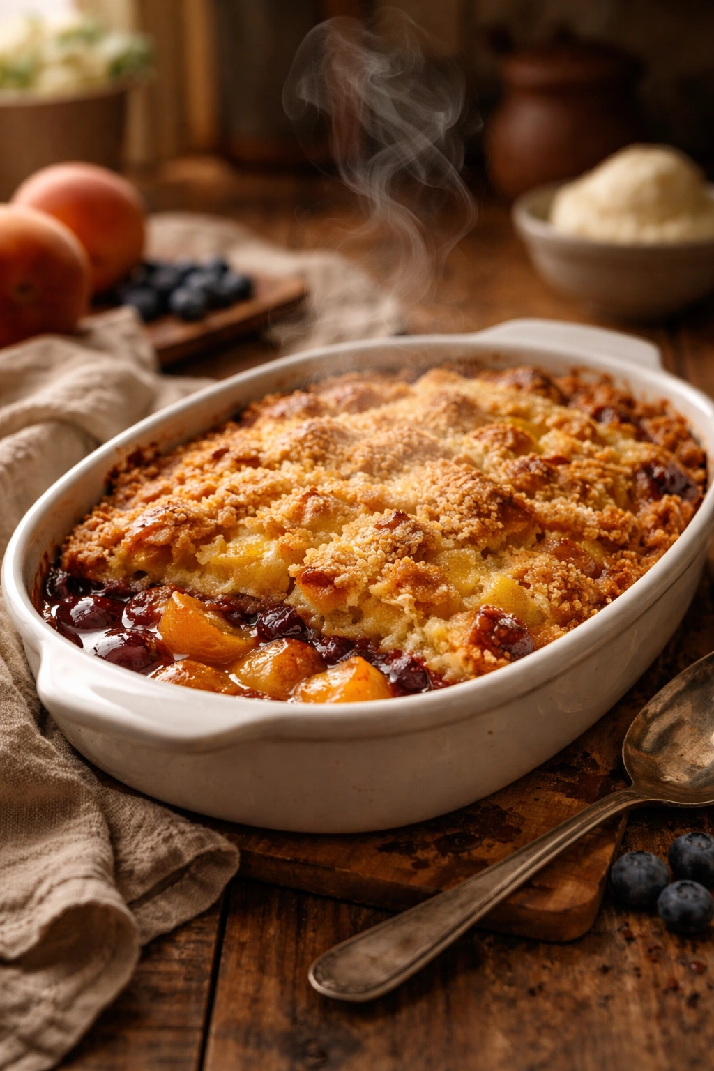 Warm cobbler in a dish on a wooden table, illustrating final thoughts on an easy three-ingredient dessert.
