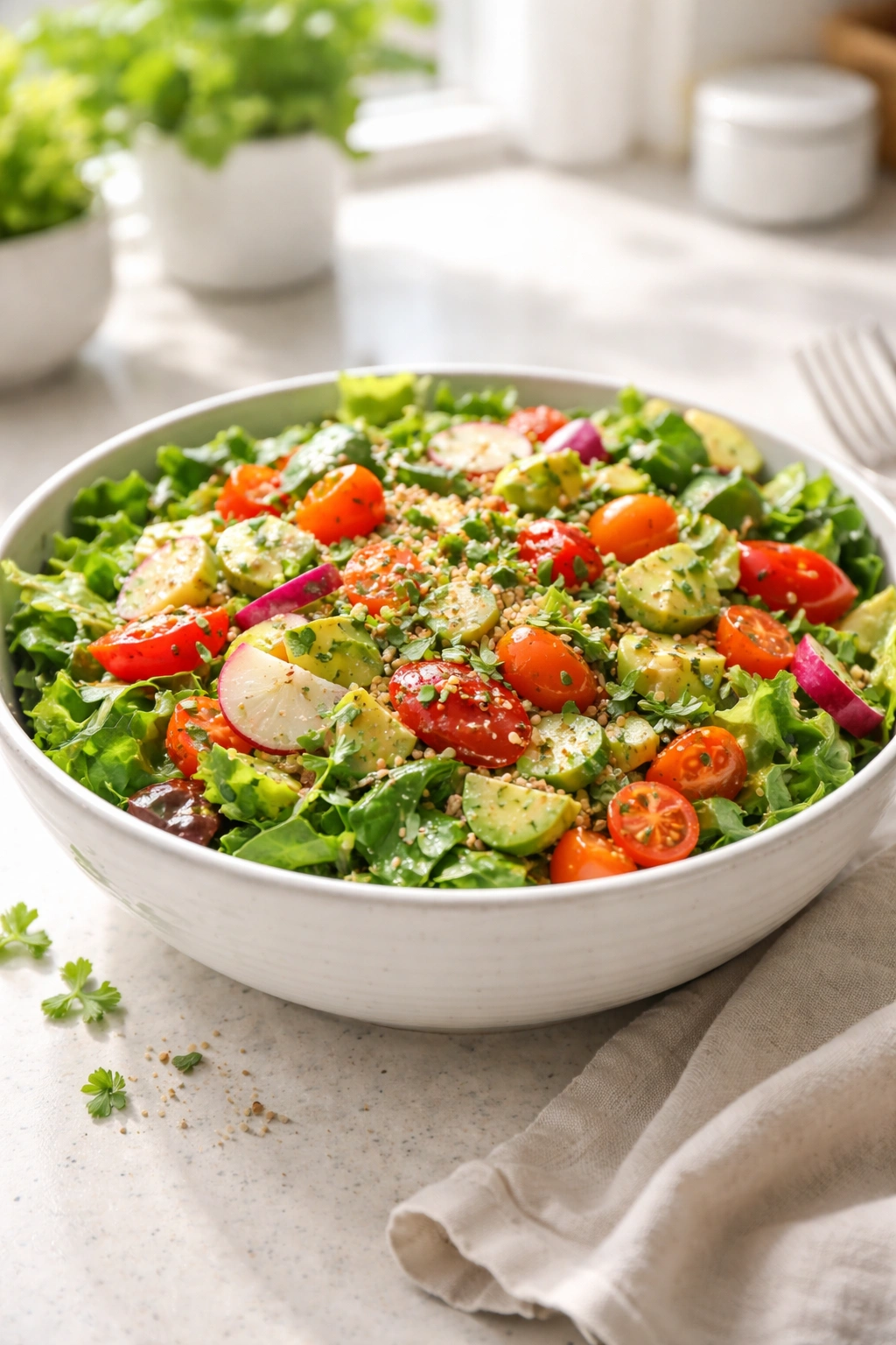 Close-up of a bowl of cold salad on a clean countertop with crisp greens and colorful vegetables