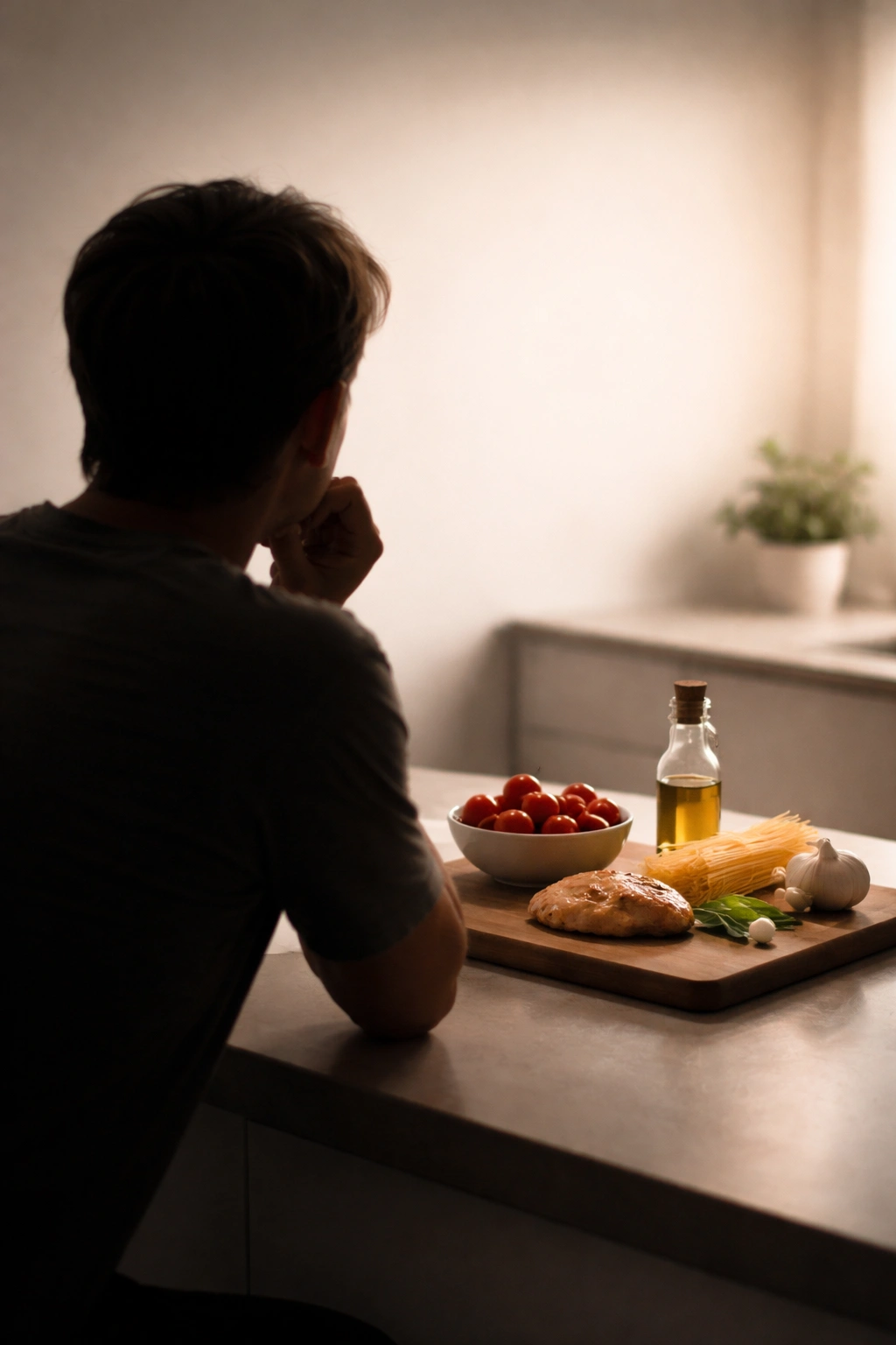 Contemplative silhouette in a minimal space reflecting on simple five-ingredient dinners