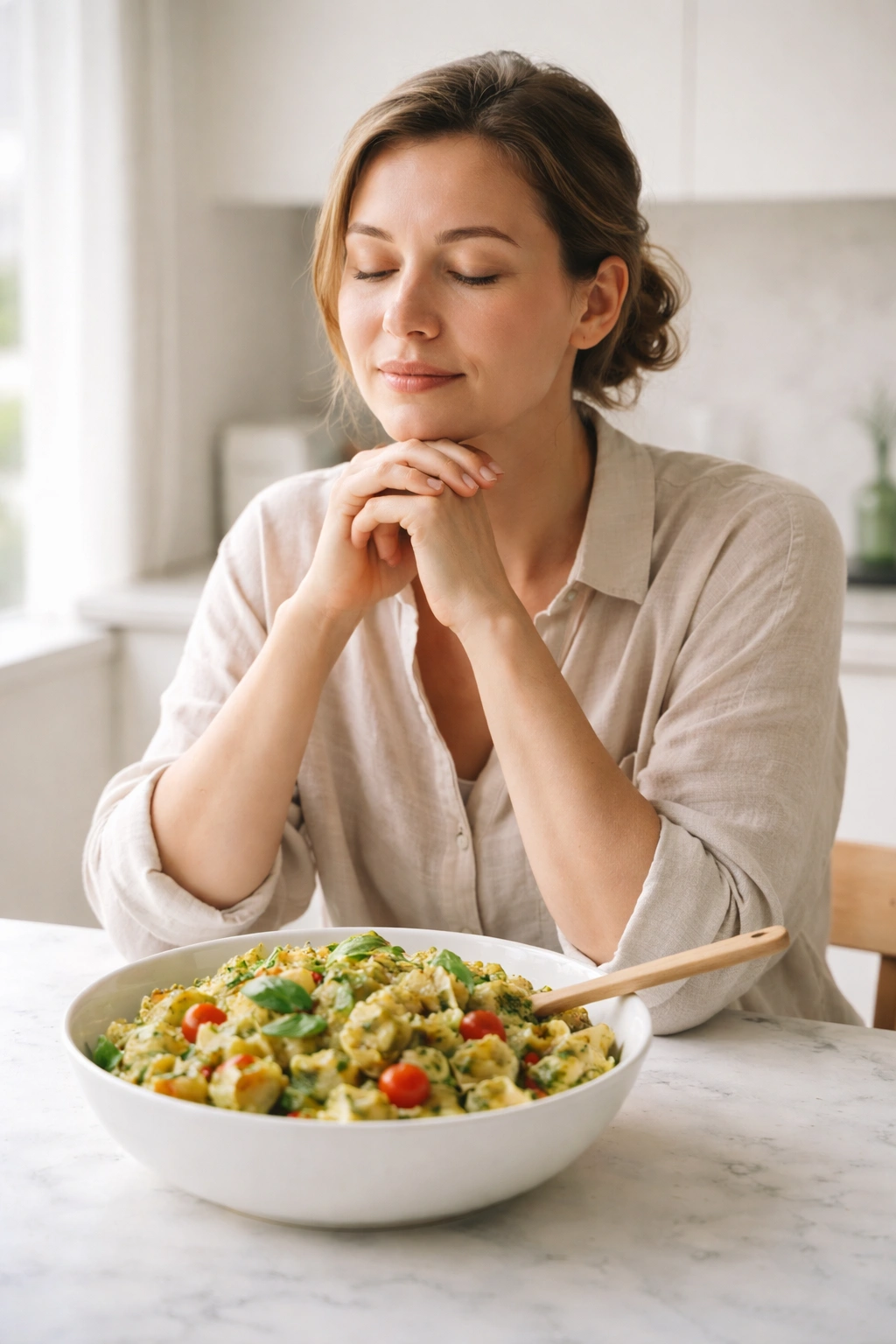 Contemplative home cook in a bright kitchen, representing final thoughts on a tortellini pesto salad