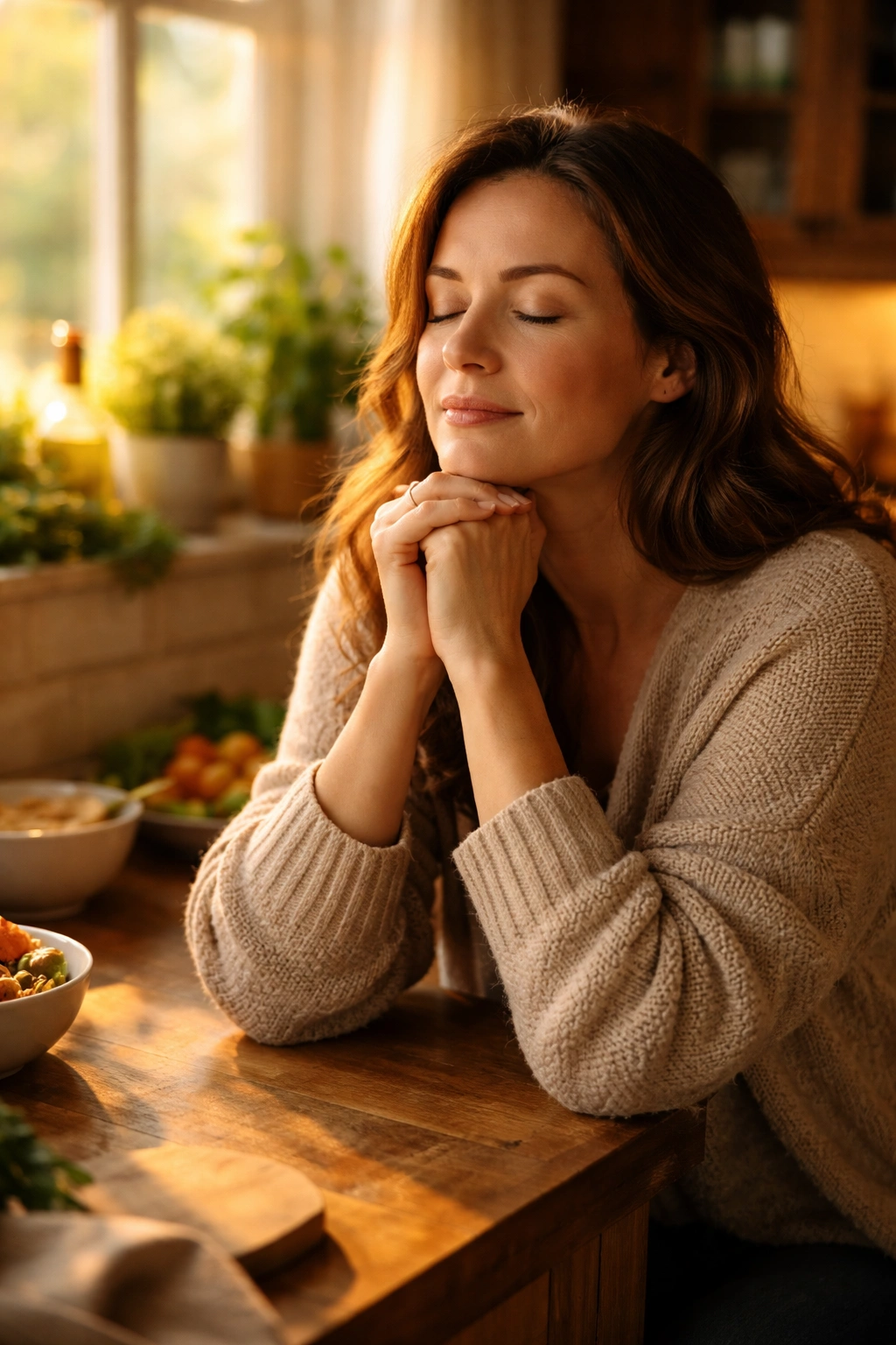 Contemplative person in warm kitchen with soft lighting, no text