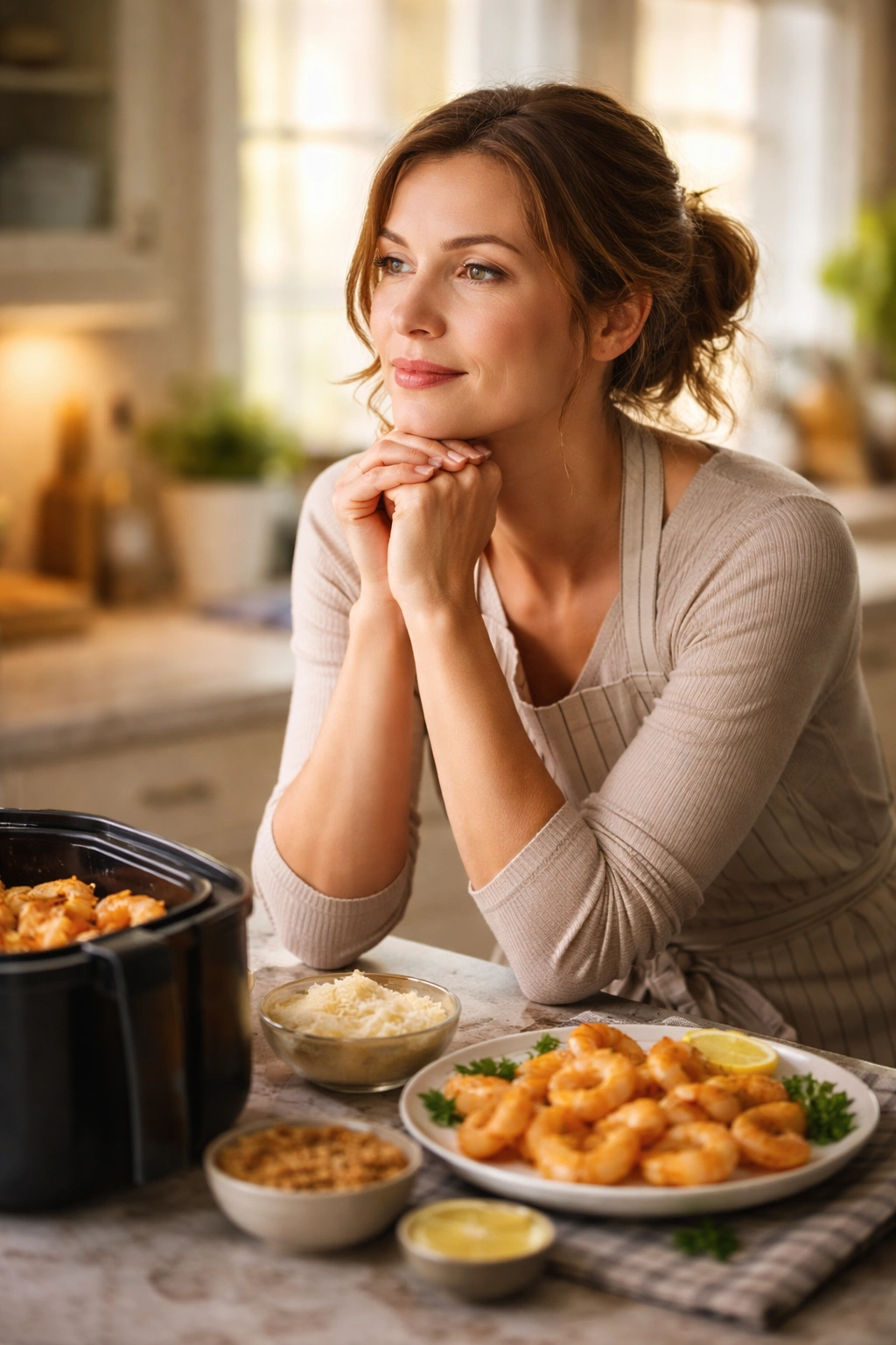 Contemplative home cook in a modern kitchen thinking about a quick air fryer parmesan shrimp dinner