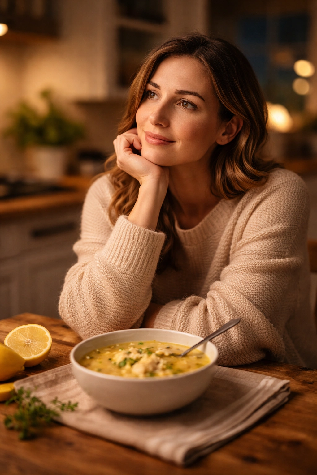 Portrait of a solitary person in a warm kitchen, deep in thought