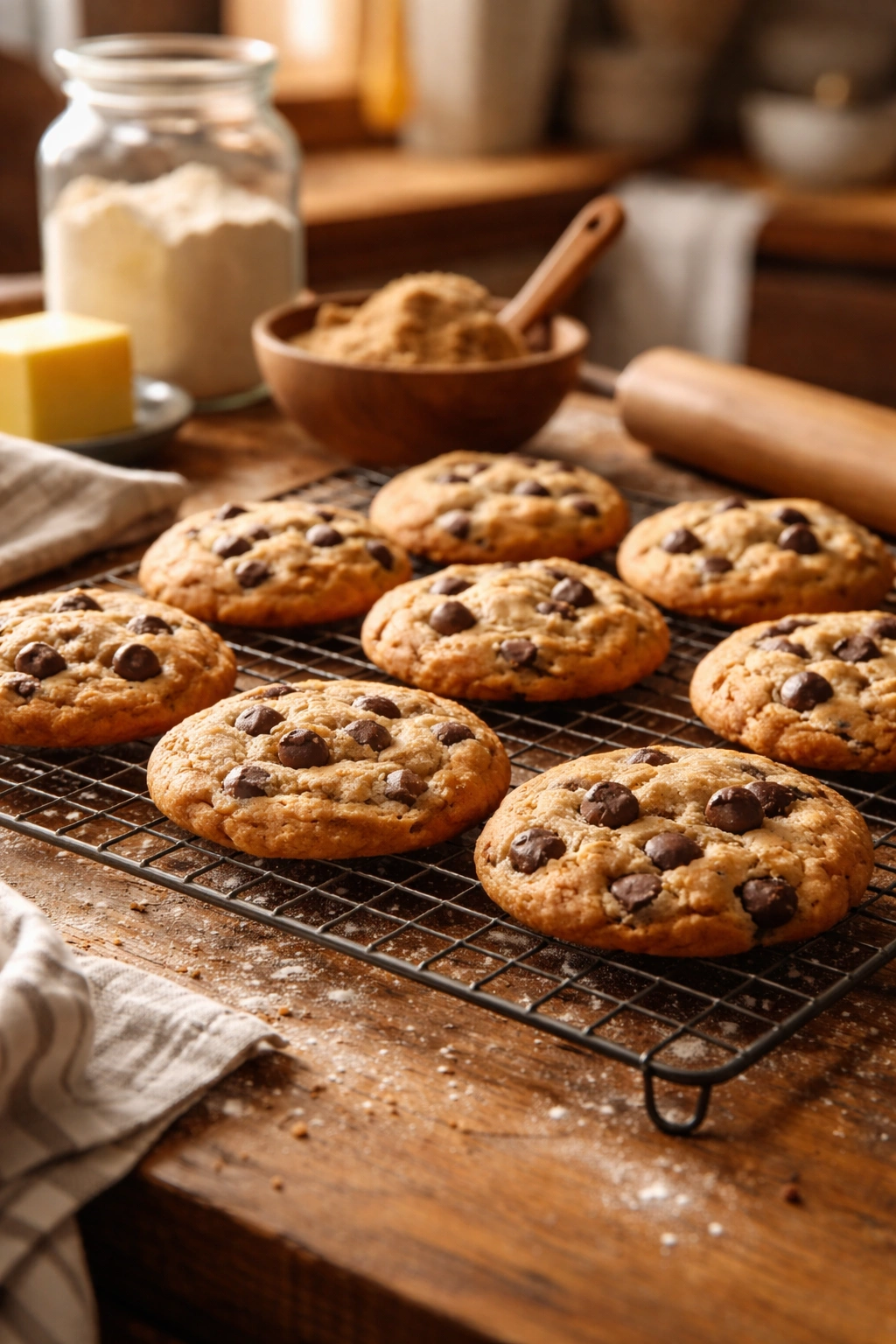 Batch of cookies cooling on a wire rack in a cozy kitchen