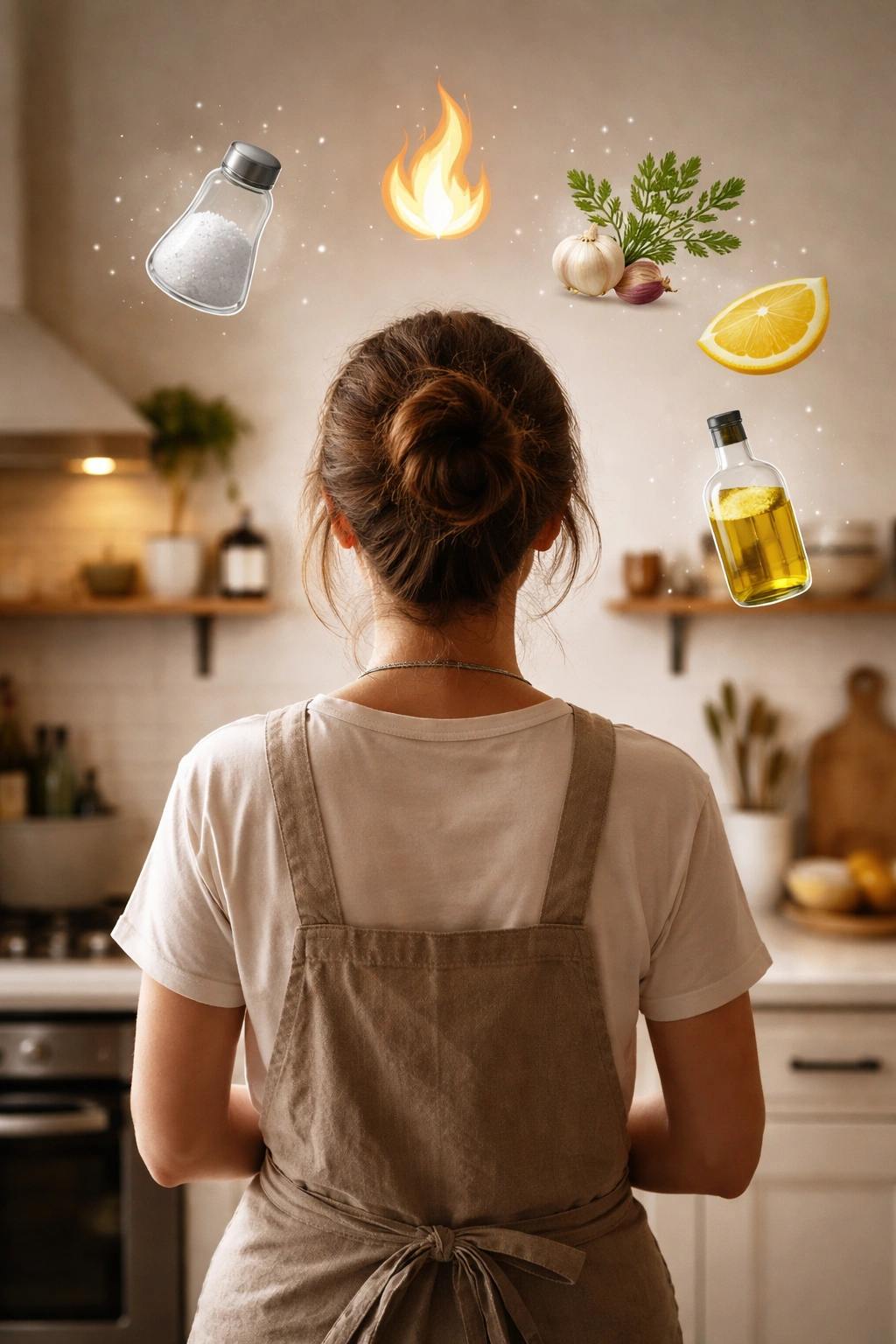 Silhouette of a home cook in a minimalist kitchen with abstract icons around the head
