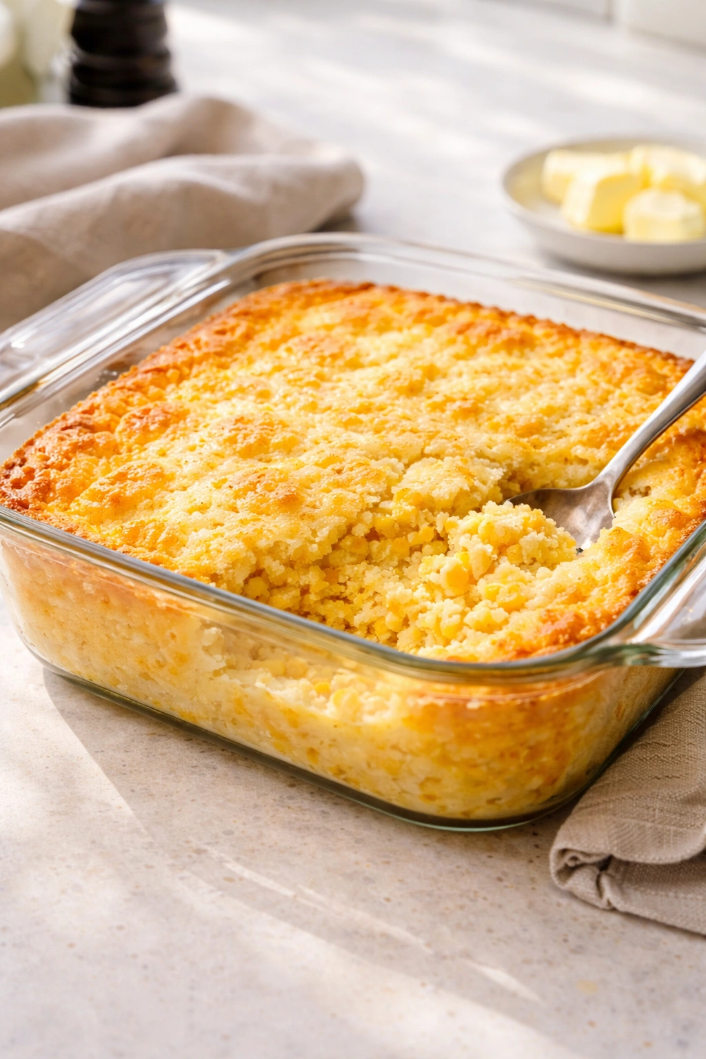 Creamy cornbread casserole in glass dish with soft natural lighting