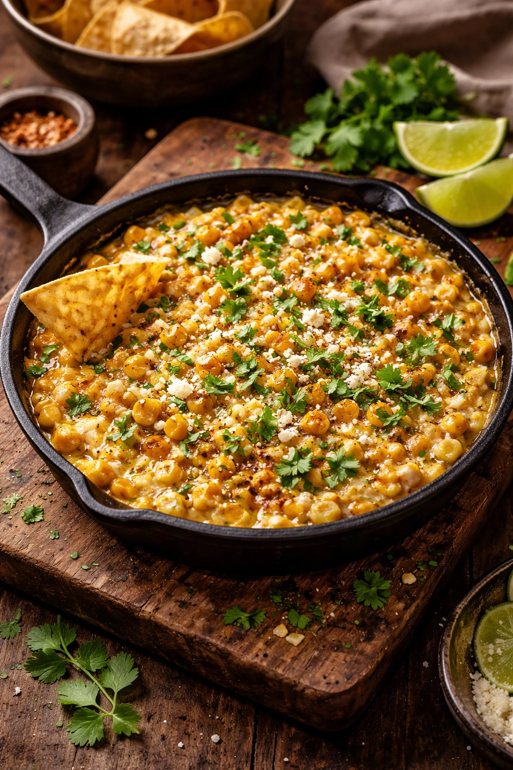 Finished dip in a skillet with lime and cilantro garnish