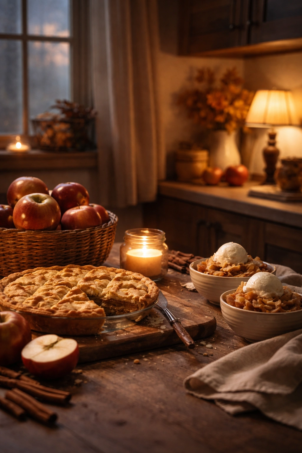 Softly lit cozy kitchen mood reflecting on fall baking