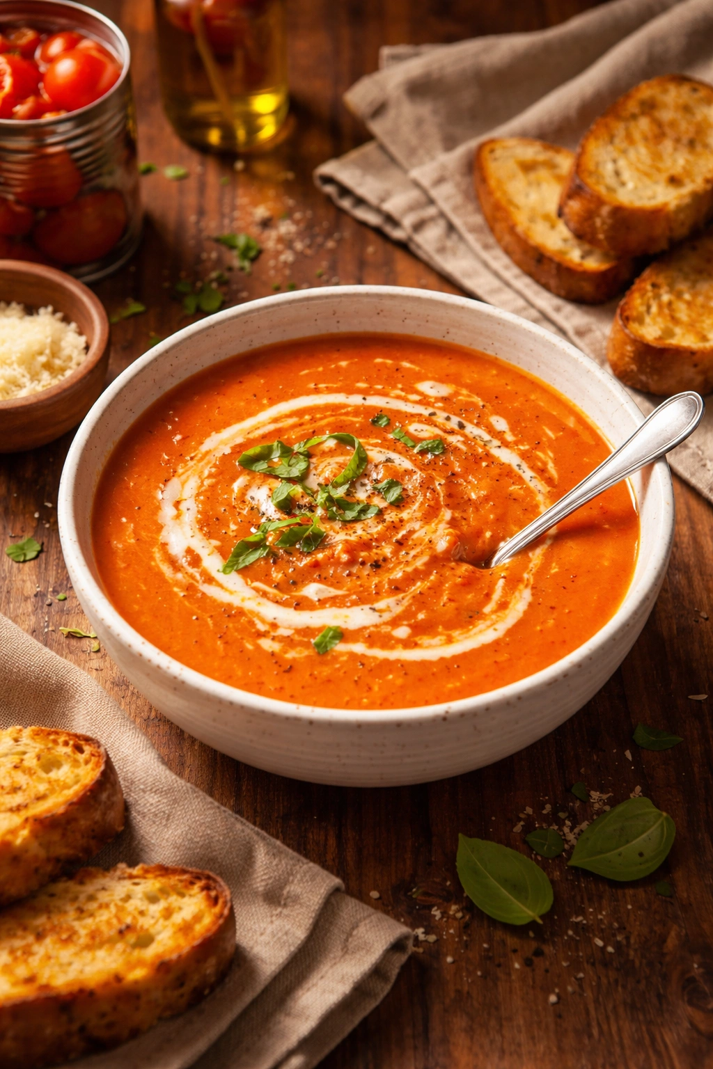 Cozy bowl of creamy tomato soup in warm setting