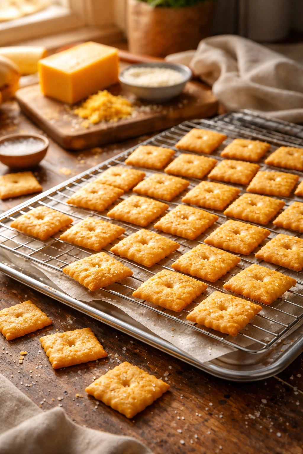 Tray of golden homemade cheese crackers cooling on a wire rack