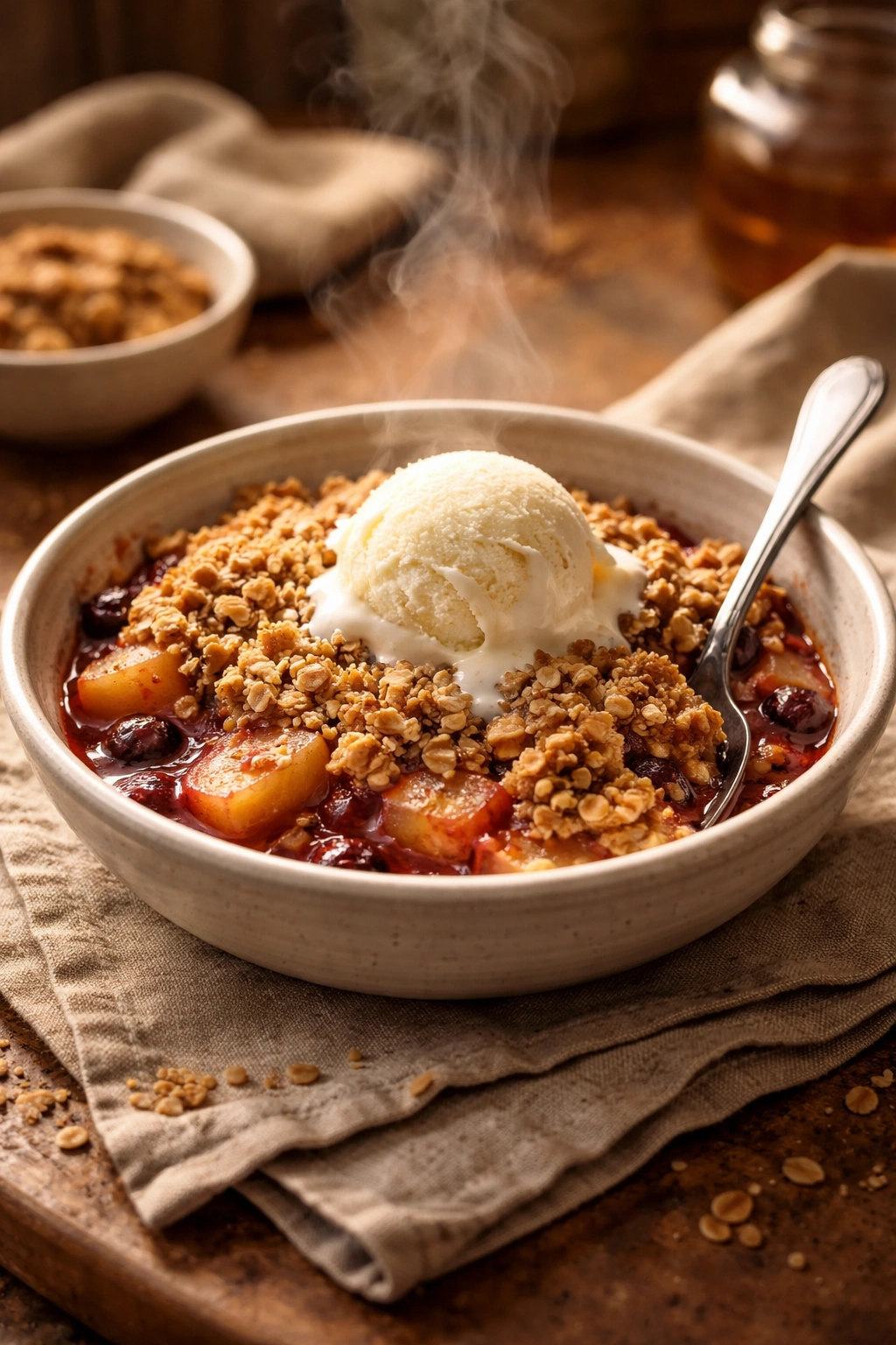 Cozy bowl of warm fruit crisp with steam rising