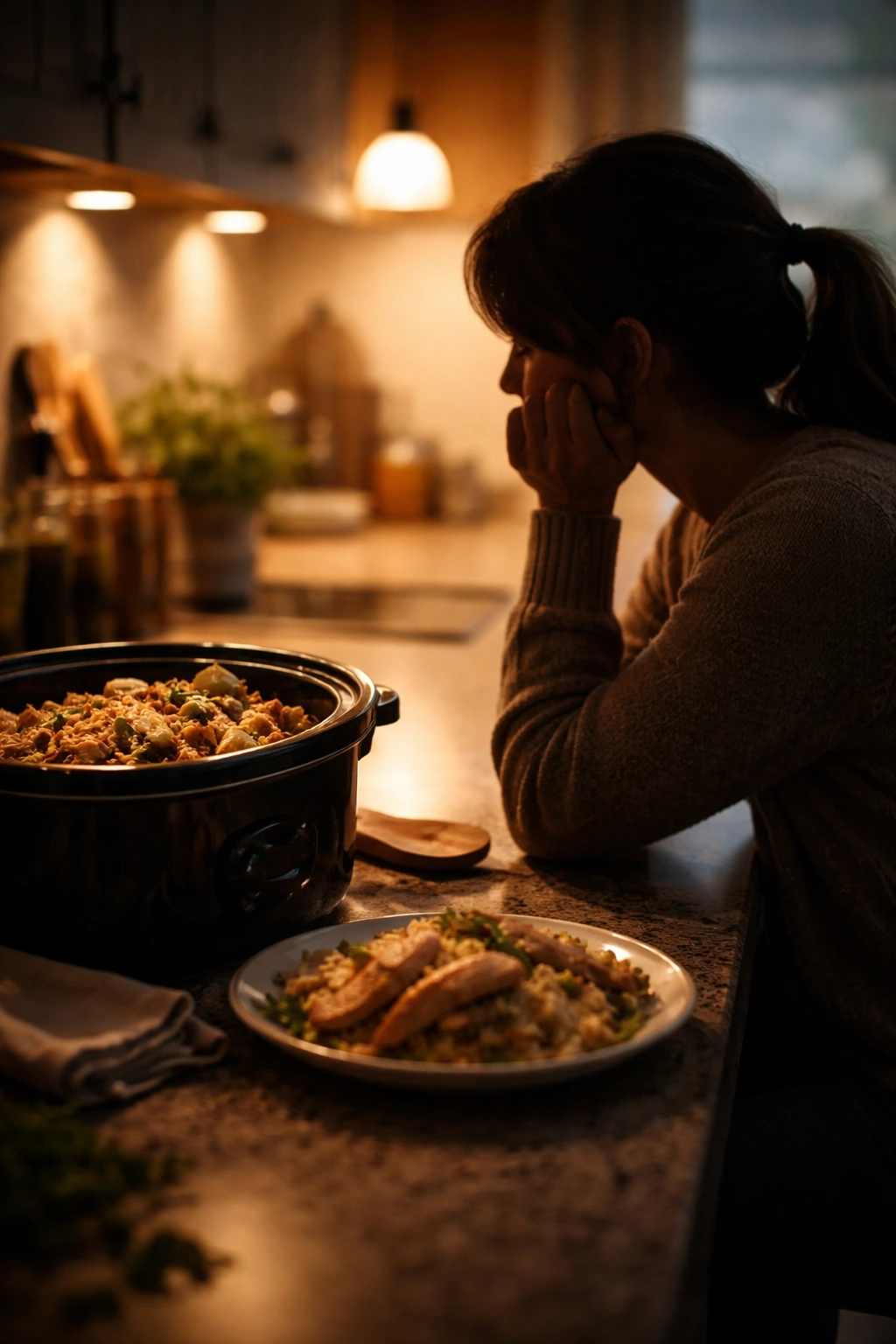 Silhouette of a person thinking at a kitchen counter, reflecting on easy crock pot chicken.
