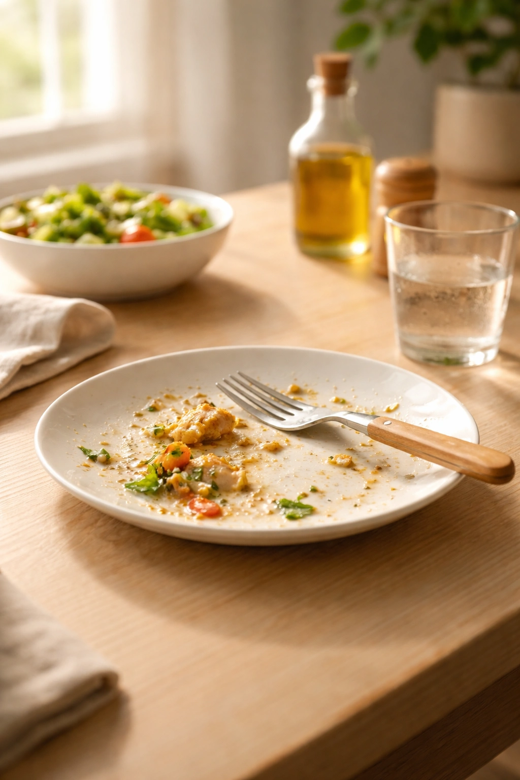 Empty plate on wooden table symbolizing final thoughts on dairy-free dinners