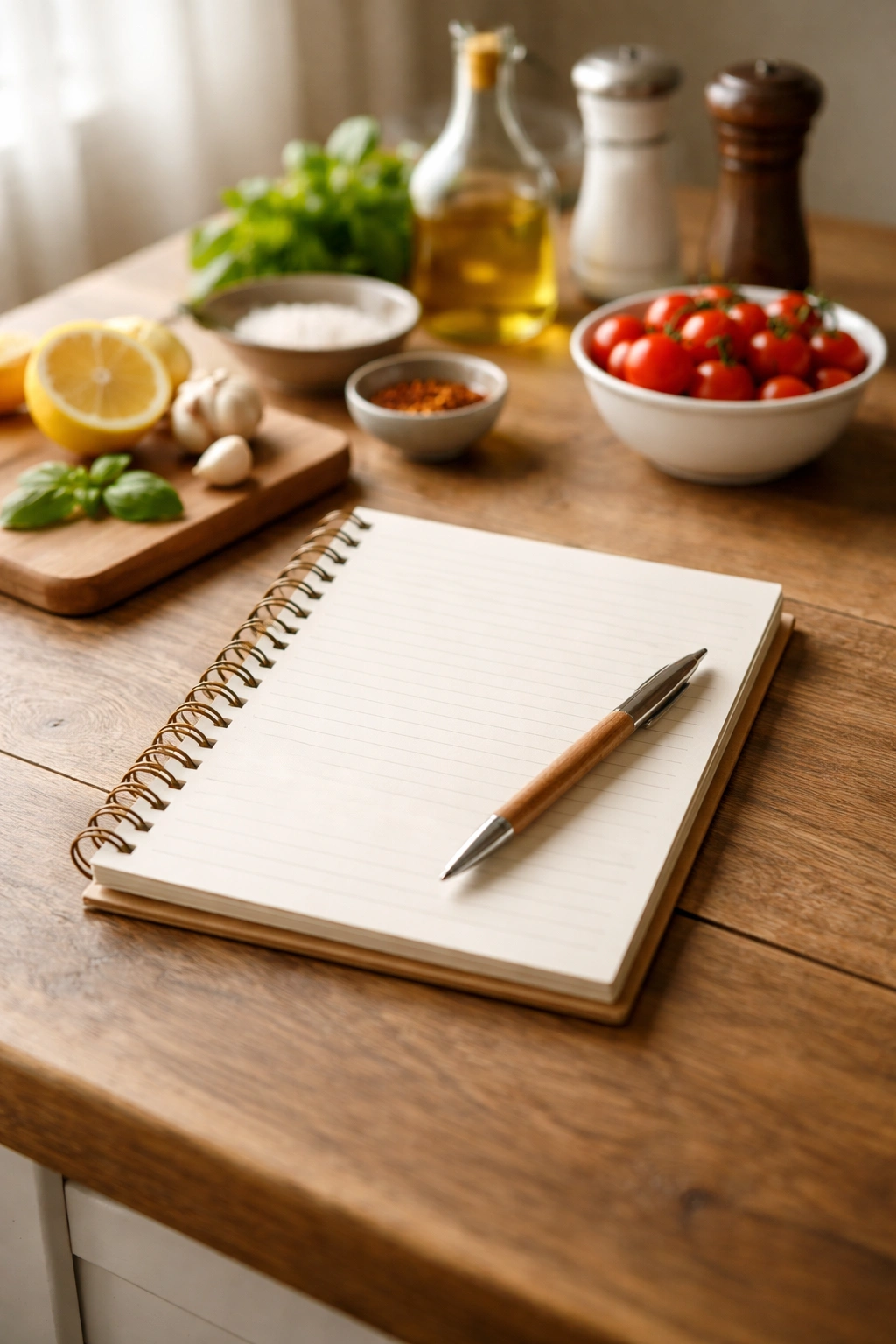 Minimalist desk with notebook and pen on wood surface