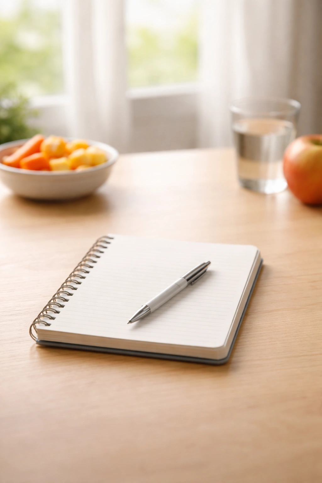 Minimalist desk with a notebook and a pen under soft light.