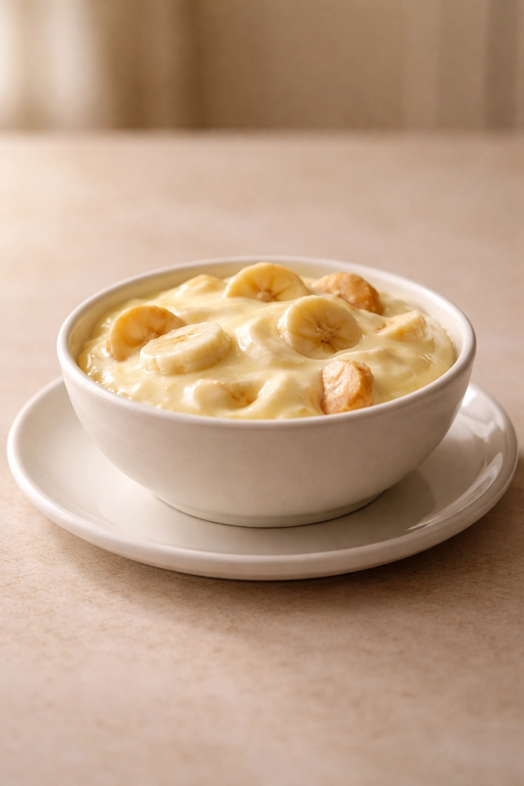 Close-up of a banana pudding-like dessert on a white plate, warm kitchen lighting, no text