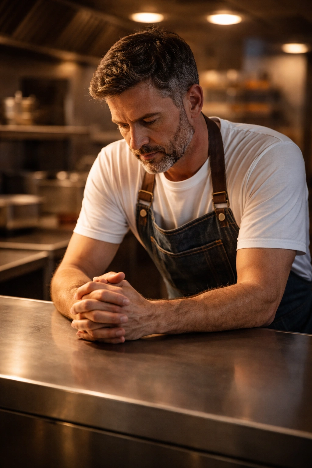 Contemplative diner cook at a warm kitchen counter, hands clasped in thought