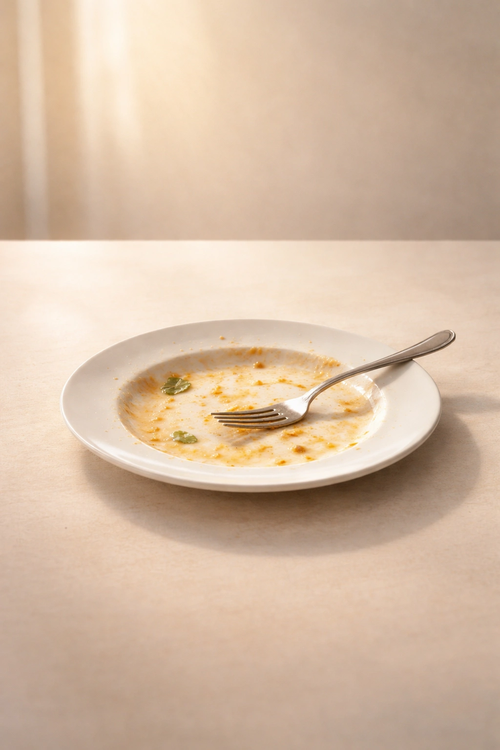 Minimalist plate on a neutral surface symbolizing reflection after a meal