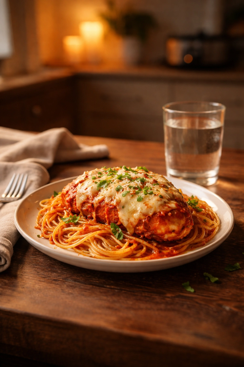 Cozy dining scene with a plate of chicken parmesan ready to serve