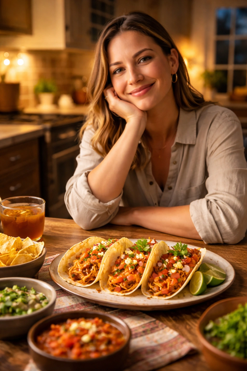 Relaxed diner with a plate of shredded chicken tacos at a warm kitchen table