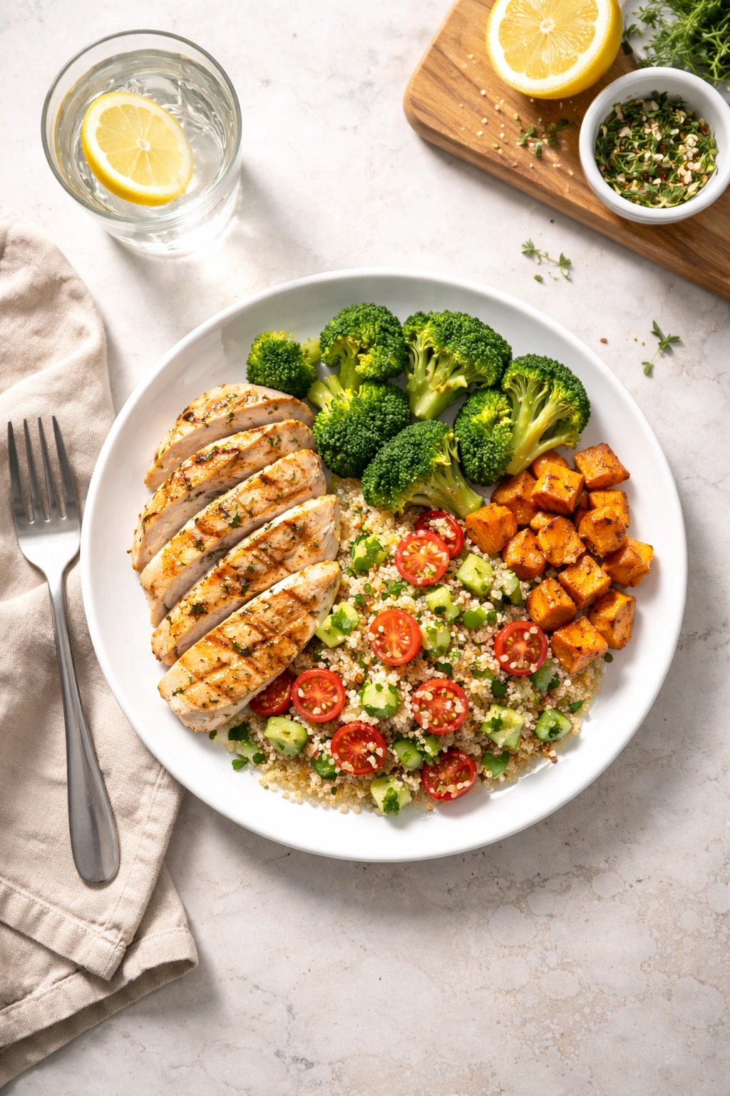 Plate of a colorful healthy dinner on a clean counter