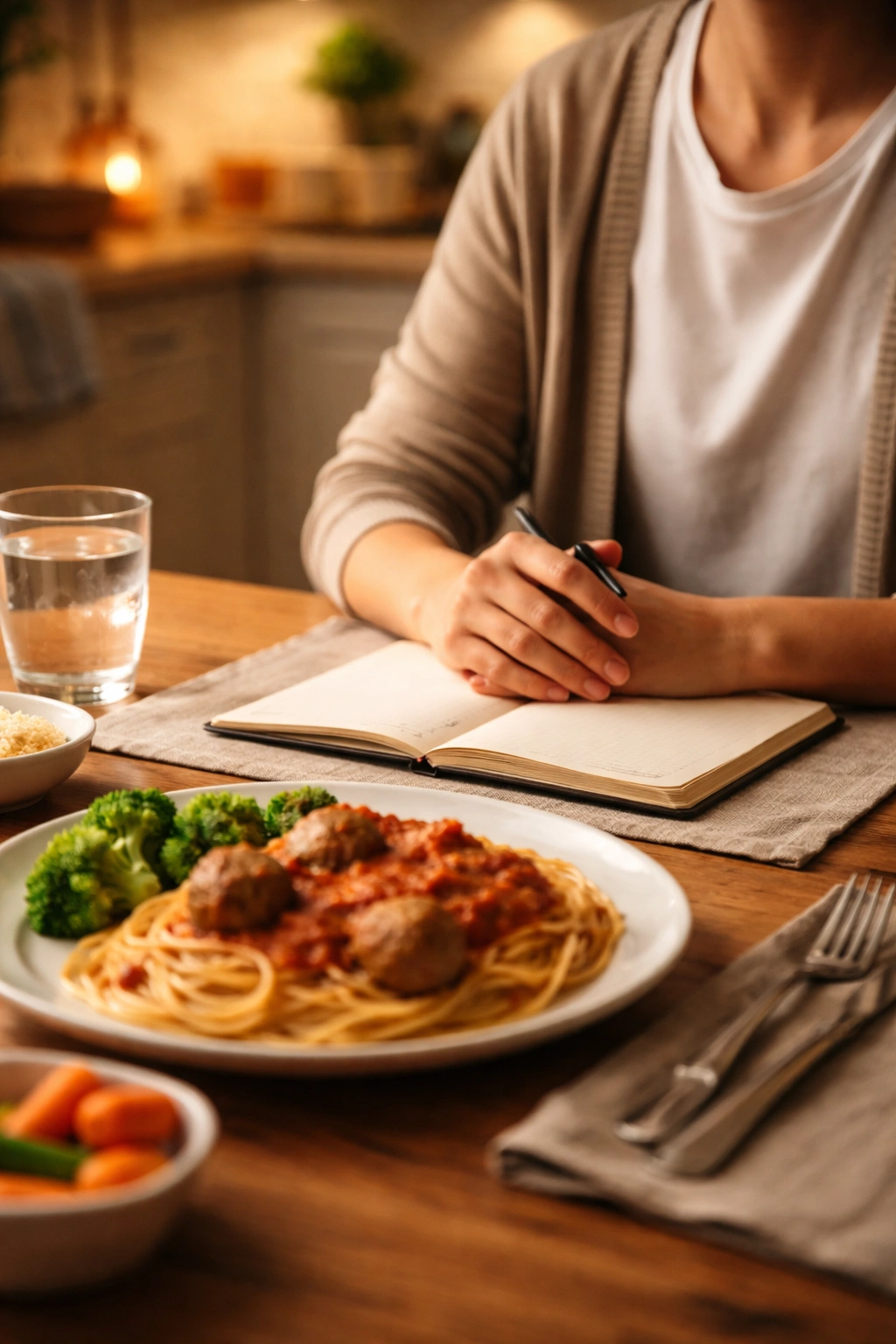 Thoughtful person at table in warm kitchen reflecting on meals
