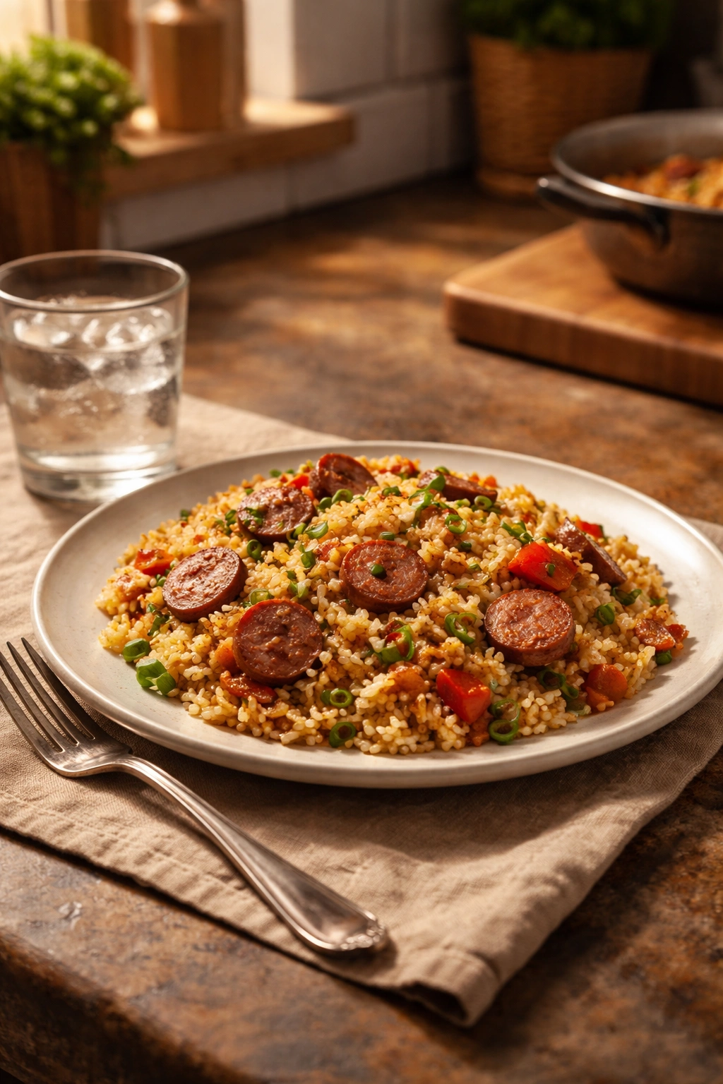 Plate of Cajun rice with sausage with a fork and glass nearby