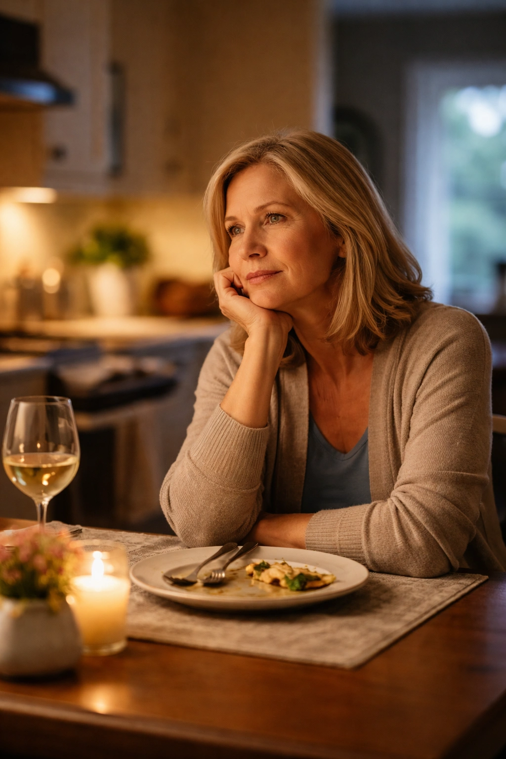 Solitary diner in warm kitchen, reflecting on dinner after a simple meal