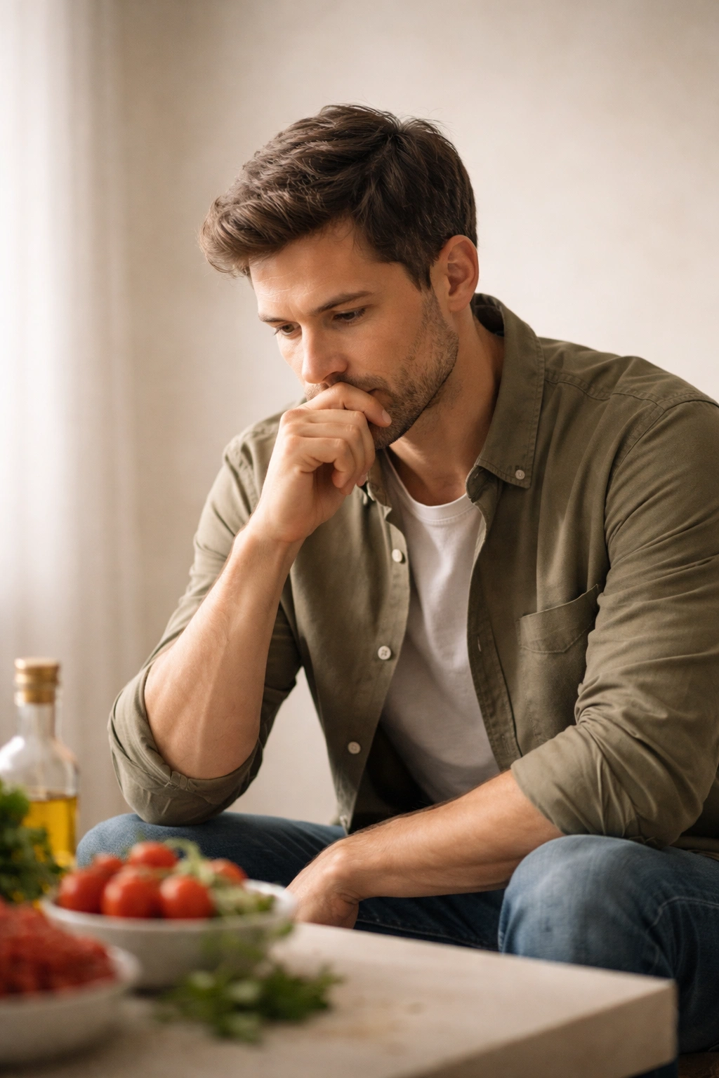 Contemplative figure in a neutral studio, representing final thoughts on weeknight dinners.
