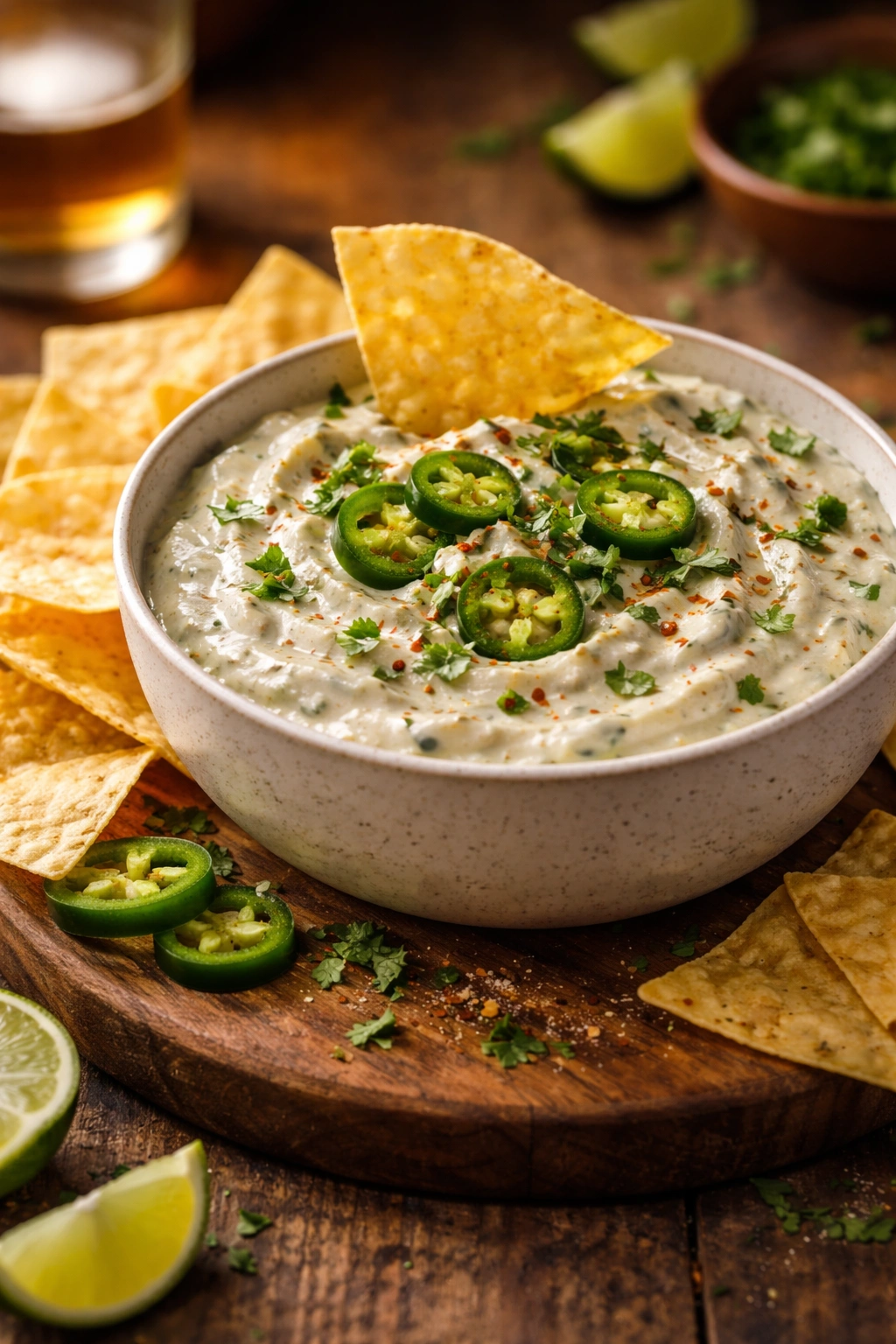Creamy jalapeño dip with chips on a wooden board