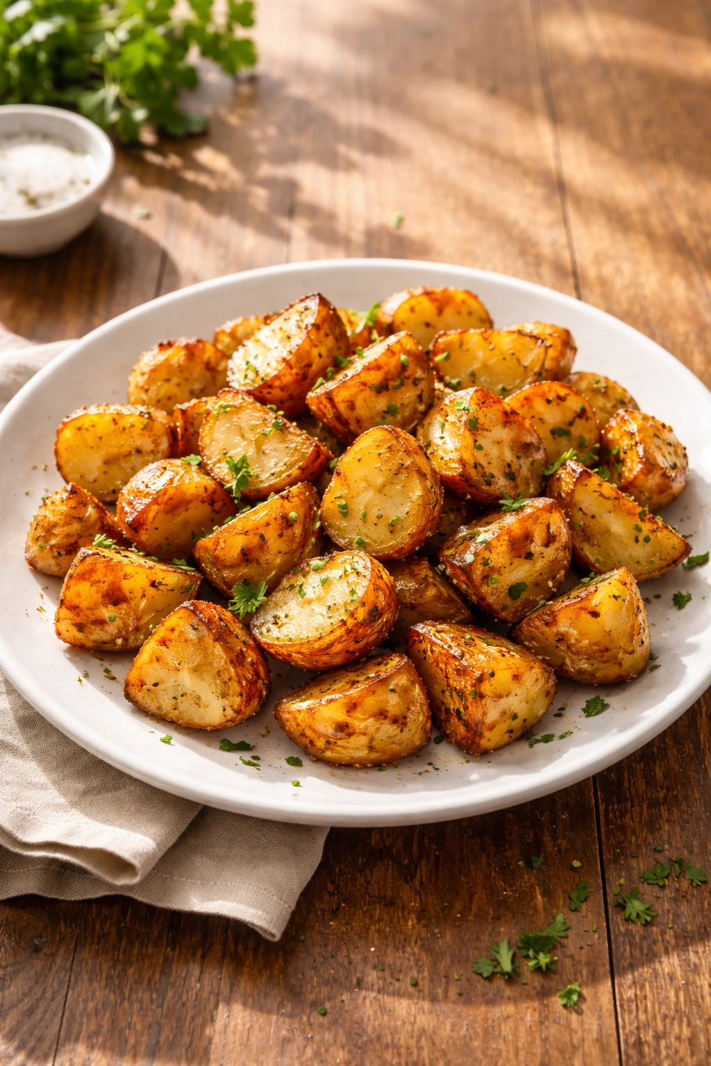 Plate of crispy air fryer potatoes photographed as final serving moment