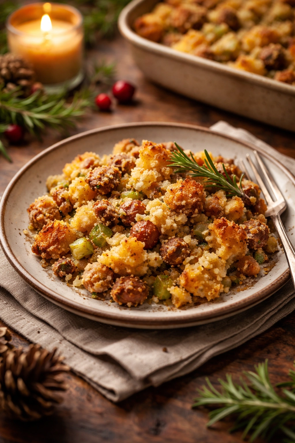 Plate of cornbread dressing on holiday table
