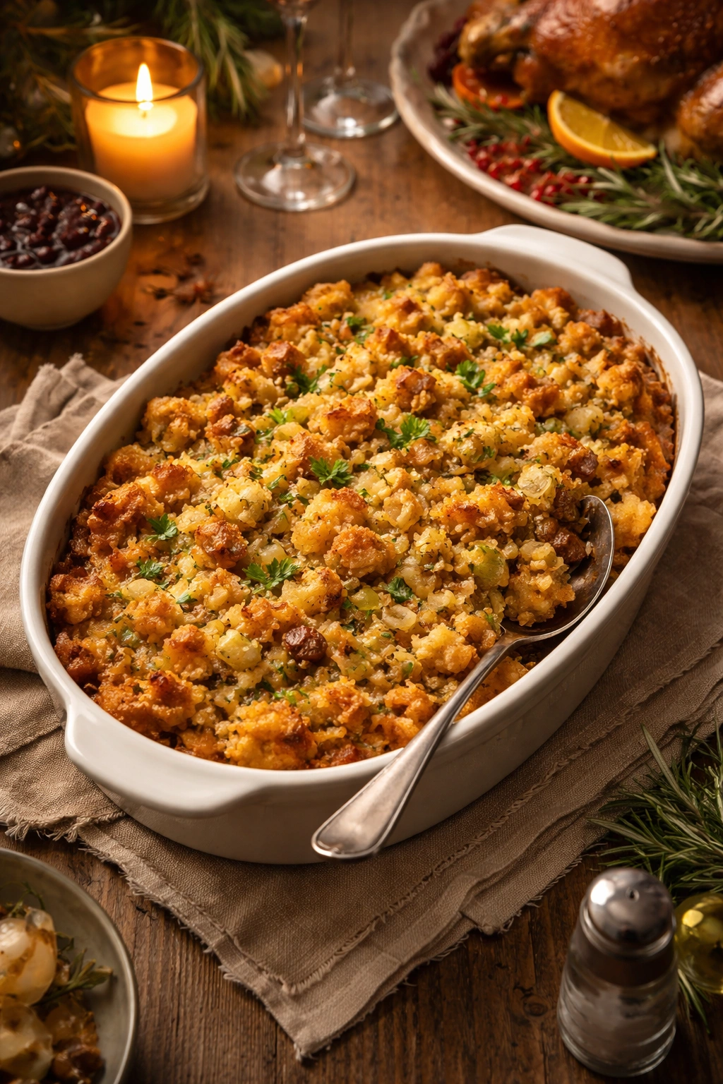 Finished golden bread dressing in a baking dish on a table