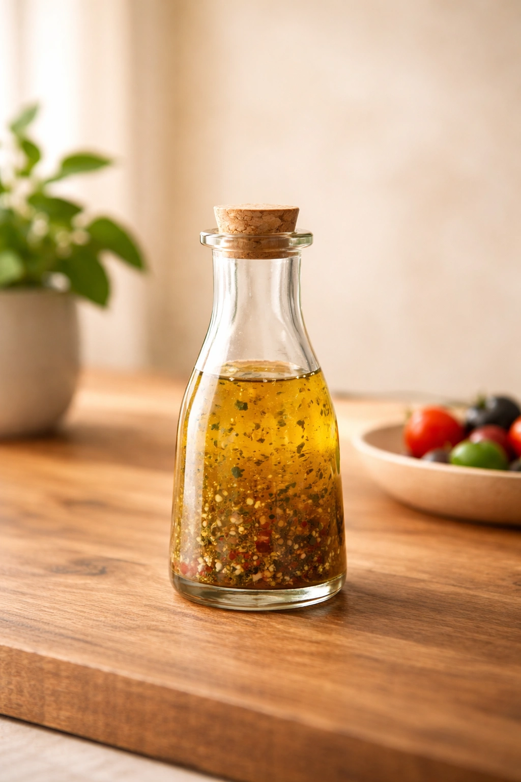 Bottle of Greek dressing on wood with sunlight