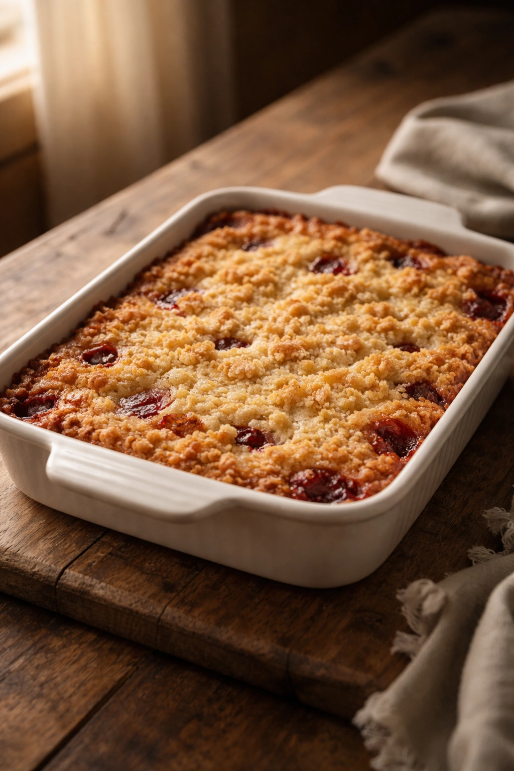 Serene dessert scene with a finished dump cake on a wooden table