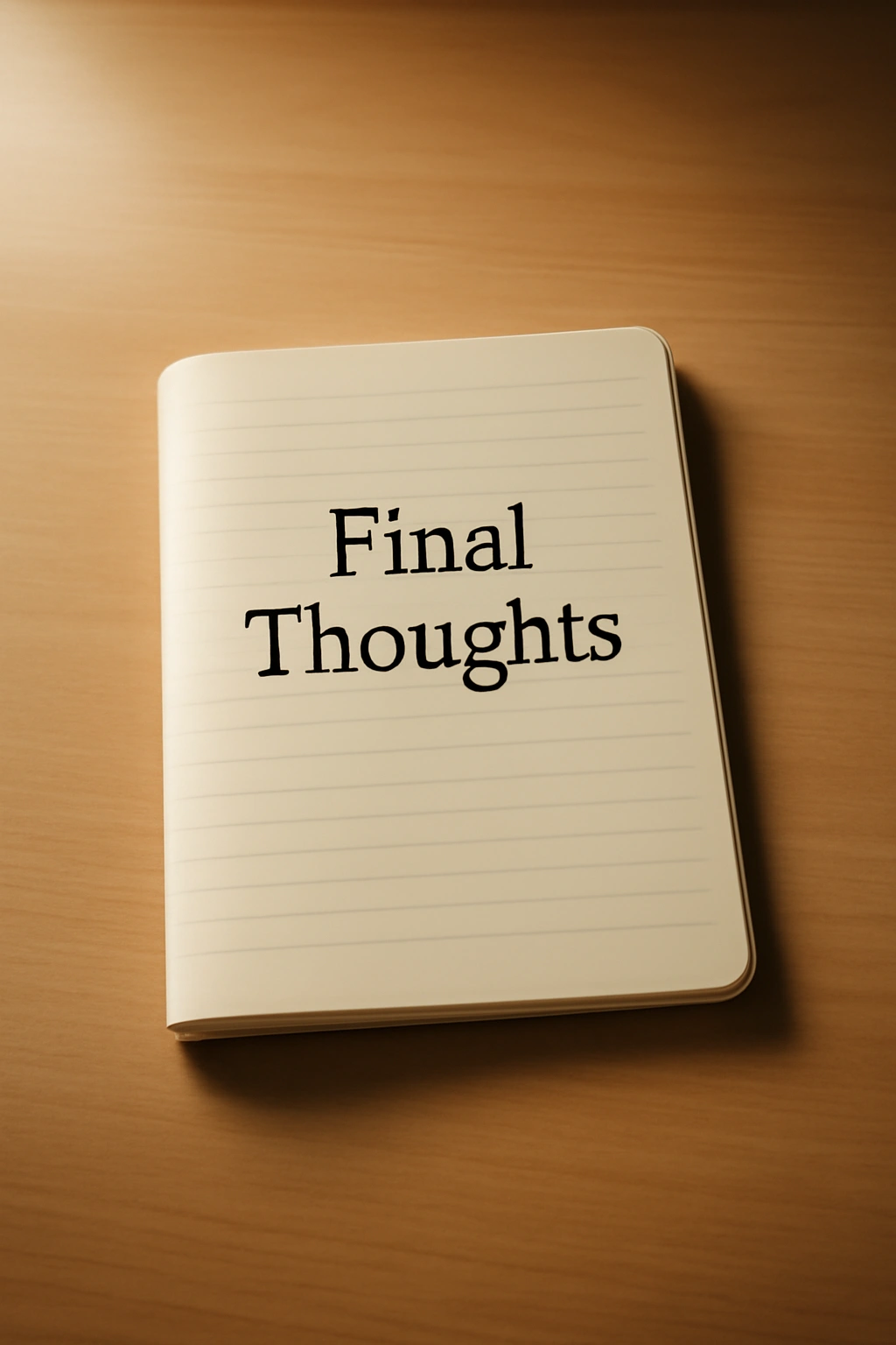 Minimalist desk with blank notebook under warm light, symbolizing final thoughts