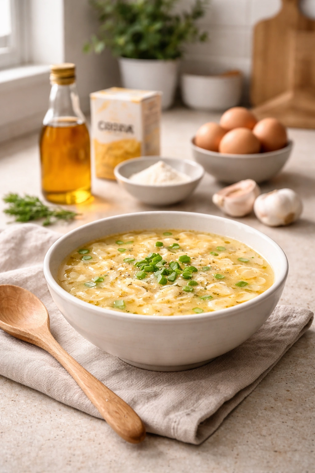 Calm kitchen counter with egg drop soup and ingredients nearby