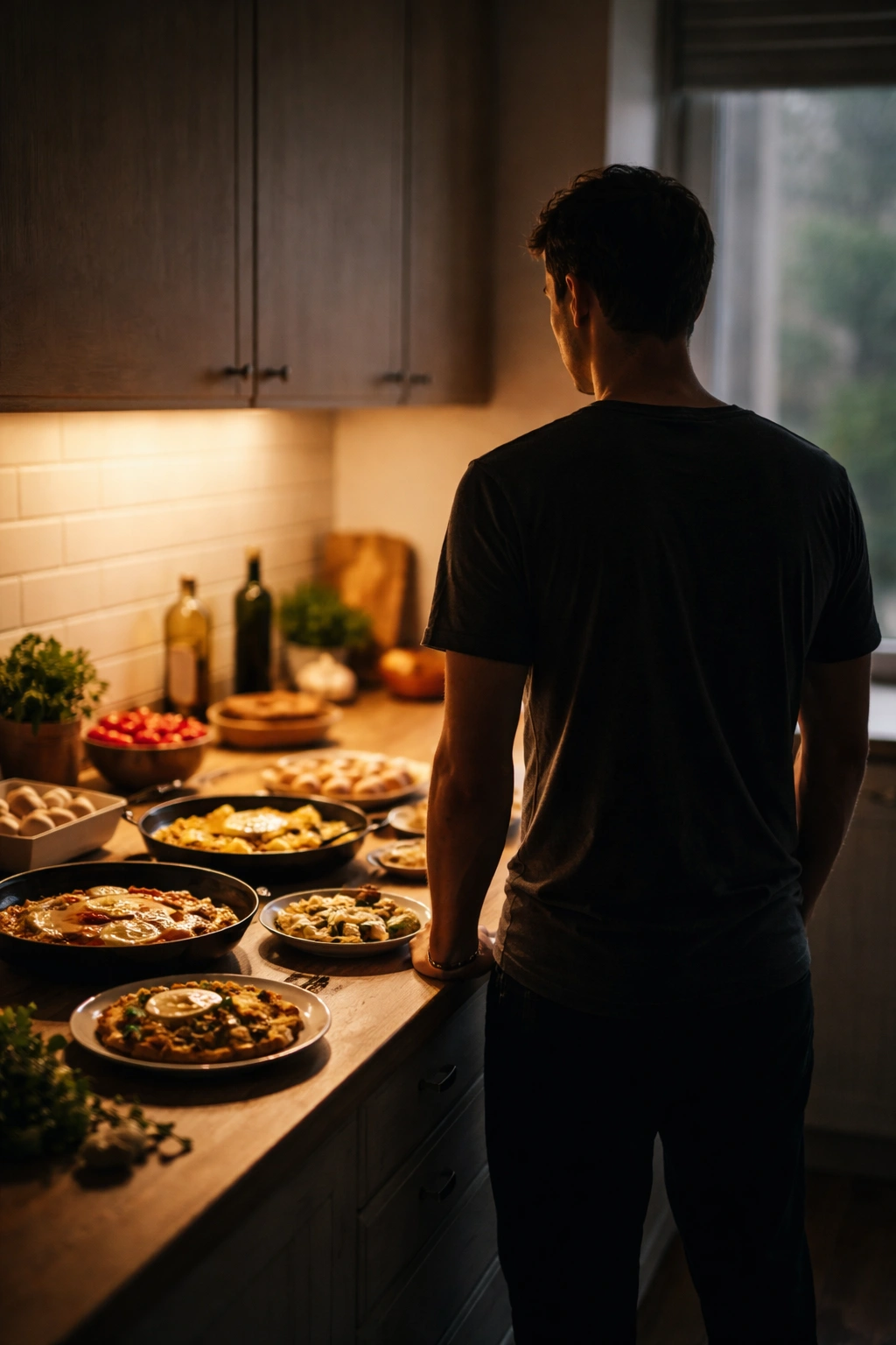 Silhouette in a kitchen reflecting on dinner ideas