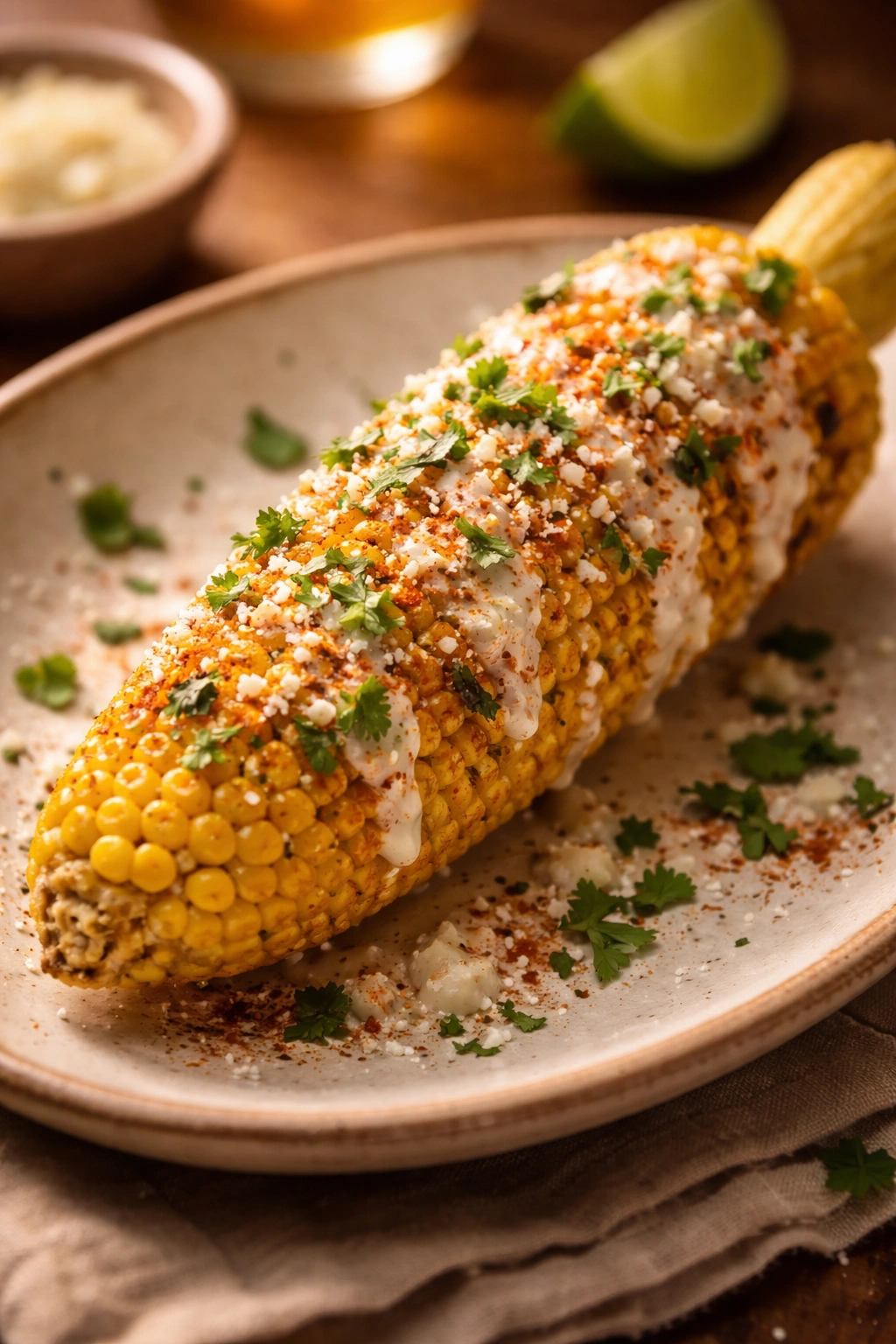 Finished elote on plate under warm lighting, close-up