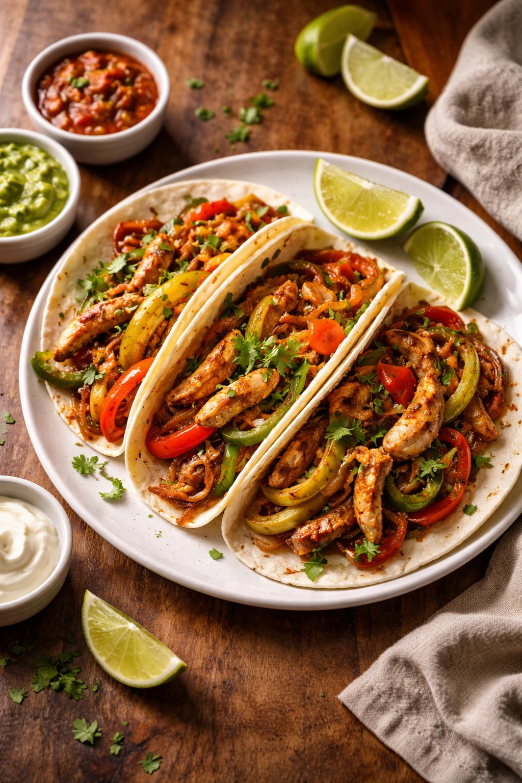 Plated chicken fajitas with caramelized peppers on a wooden table