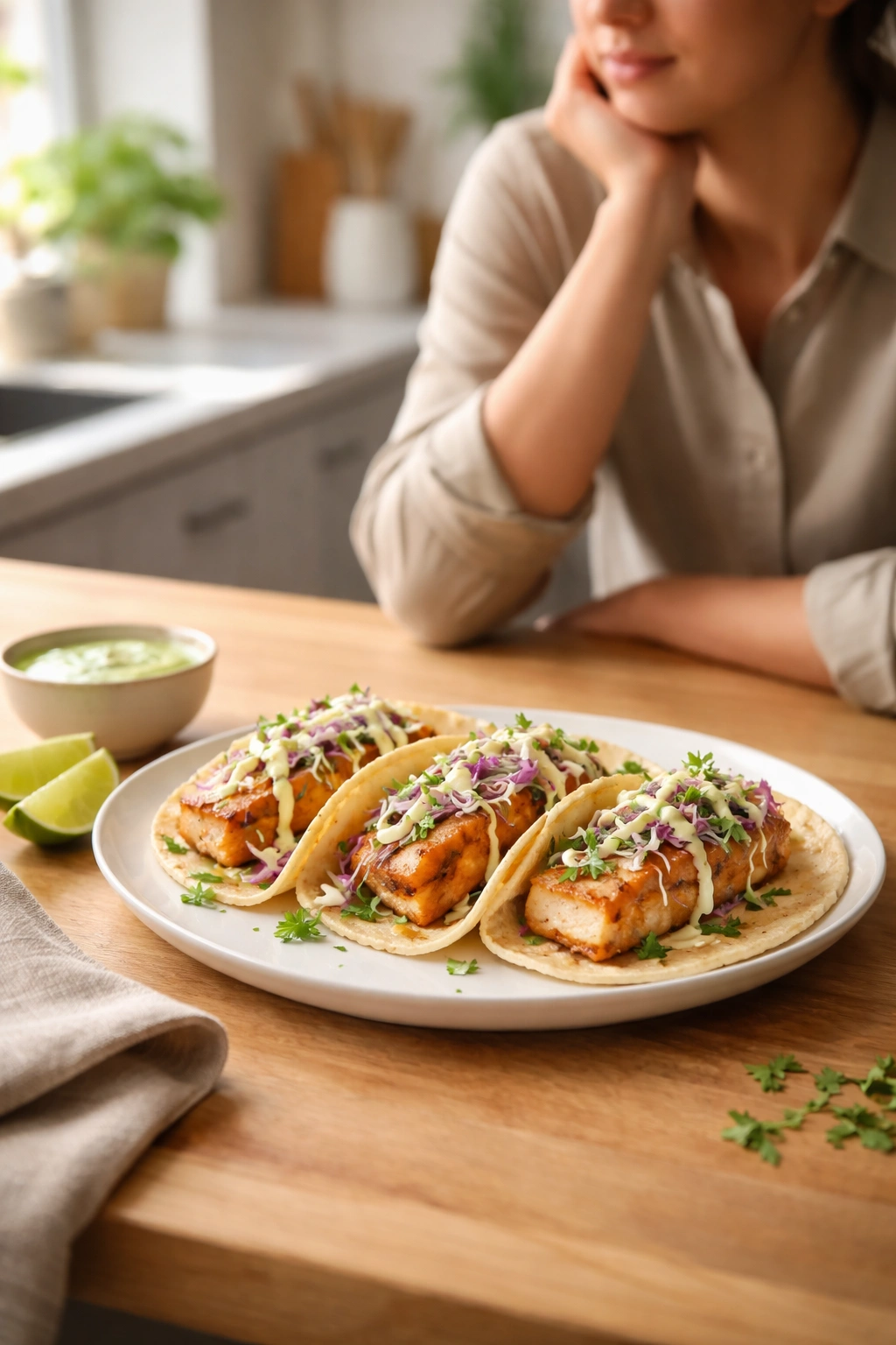 Contemplative figure with plate of fish tacos, highlighting simple, bright flavors like lime crema and slaw.