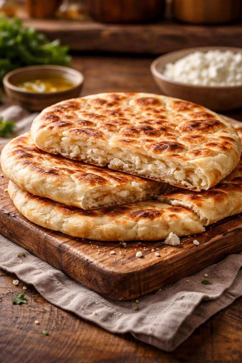 Finished cottage cheese flatbread on a rustic board with golden crust