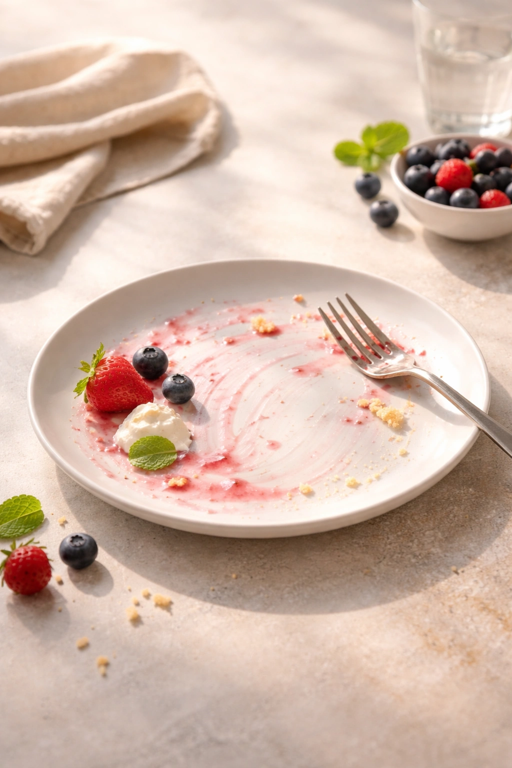 Minimal still life with a plate and subtle dessert residue suggesting contemplation