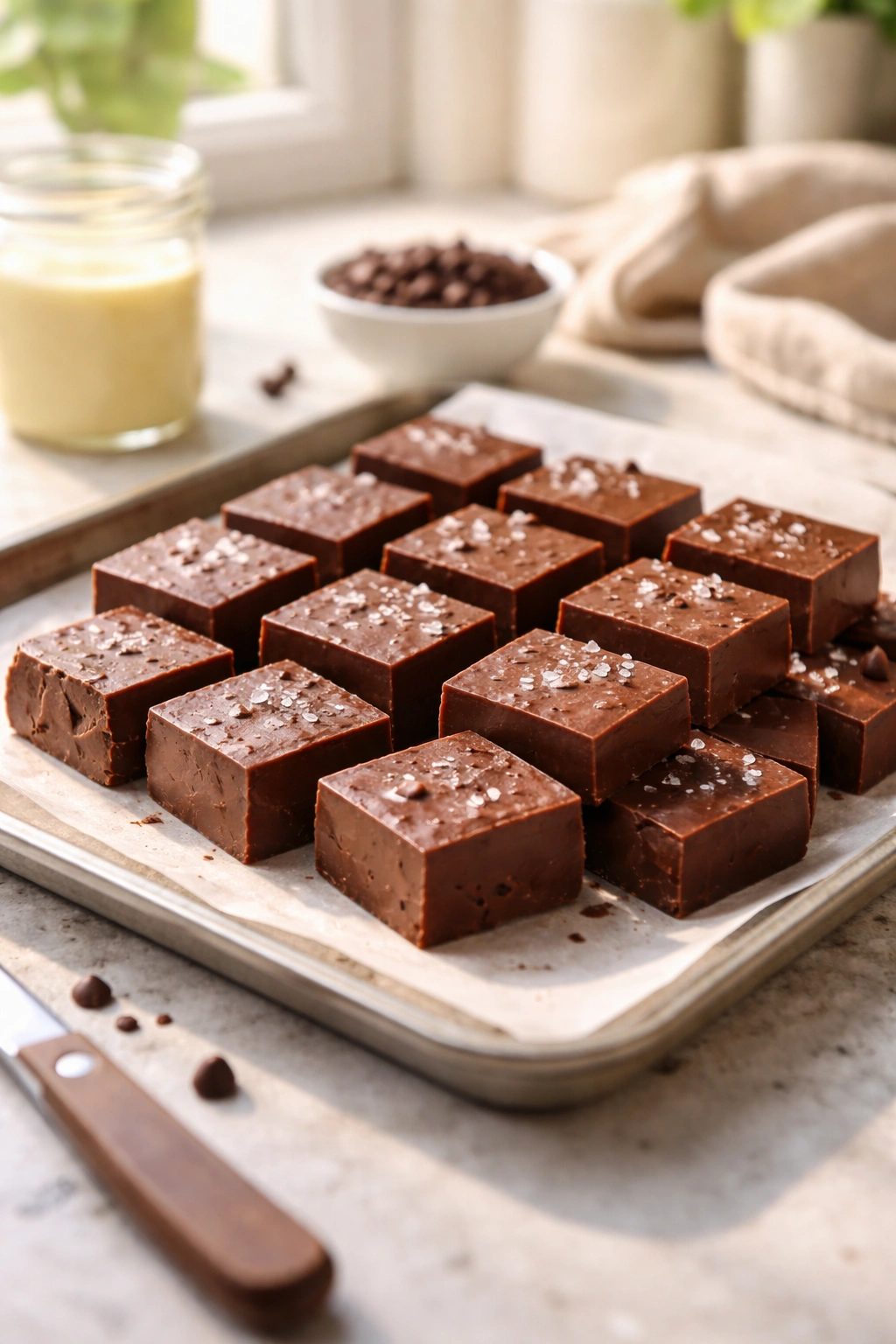 Finished fudge squares cooling on a kitchen counter