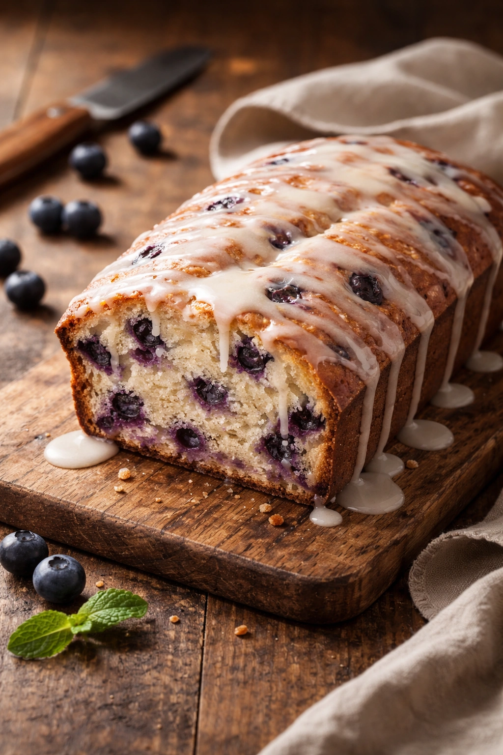 Finished blueberry bread with glaze on rustic board