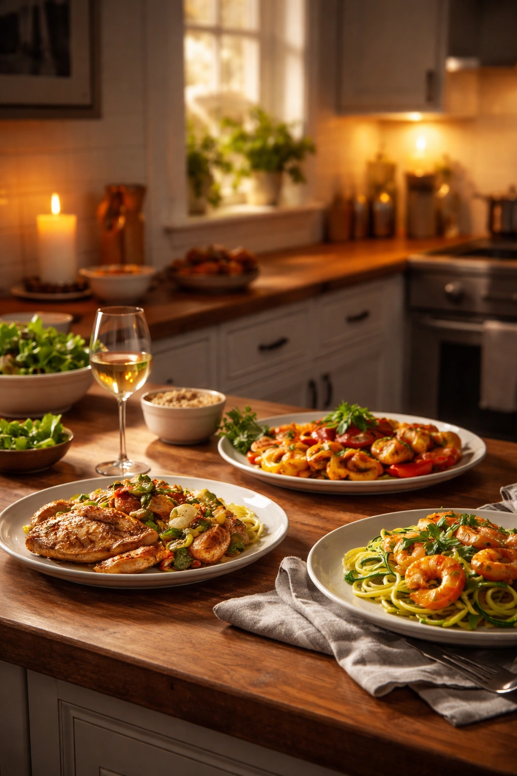 Reflective kitchen scene after cooking gluten-free dinners with plated meals in background