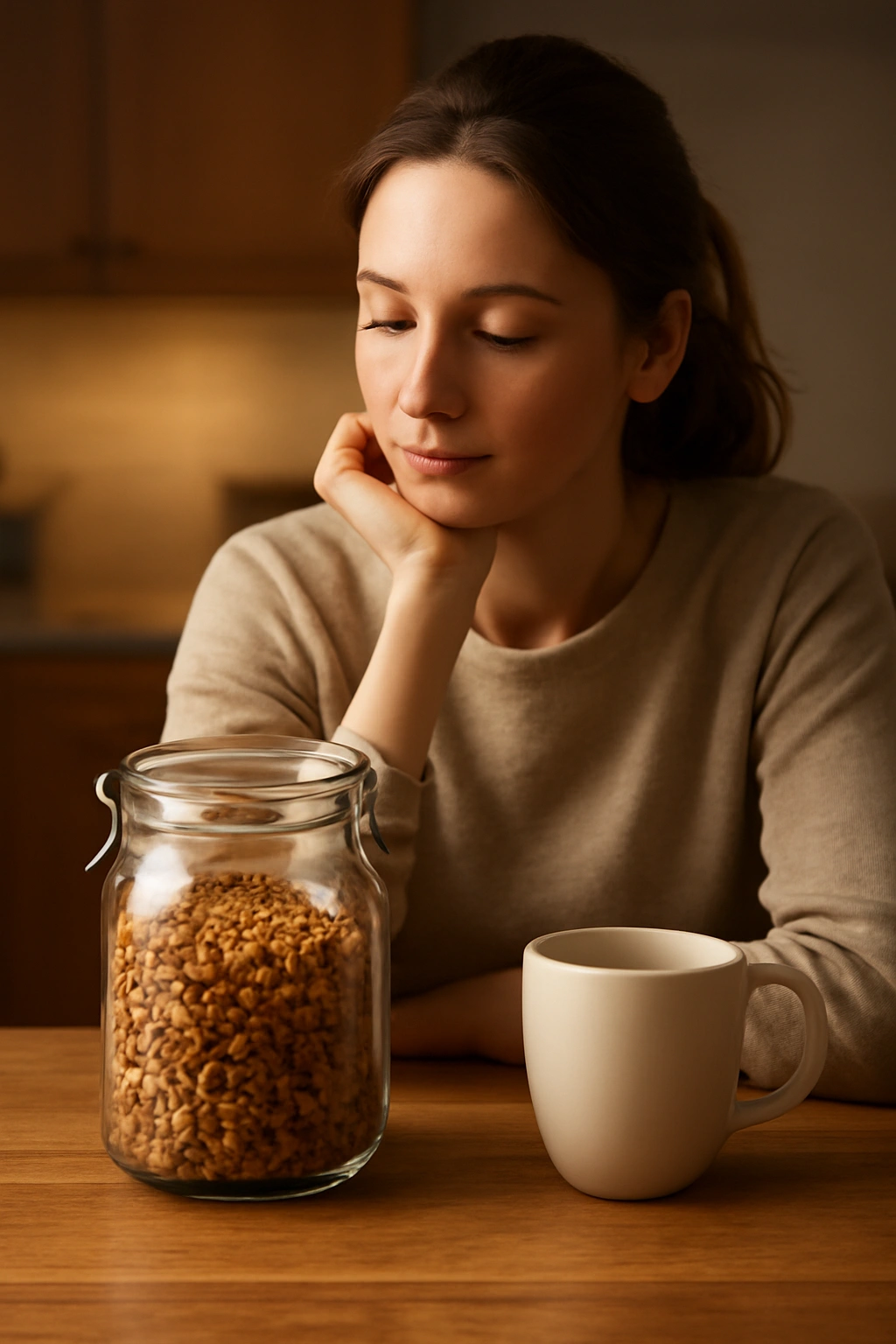 Calm scene of a person near a granola jar reflecting on homemade granola