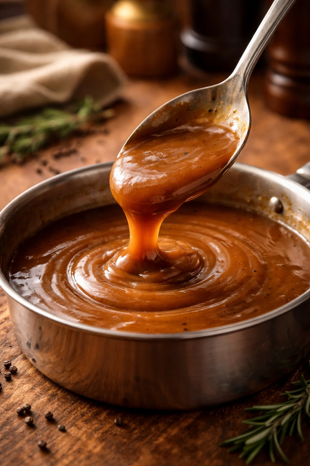 Close-up of a spoon with glossy gravy over a wooden surface