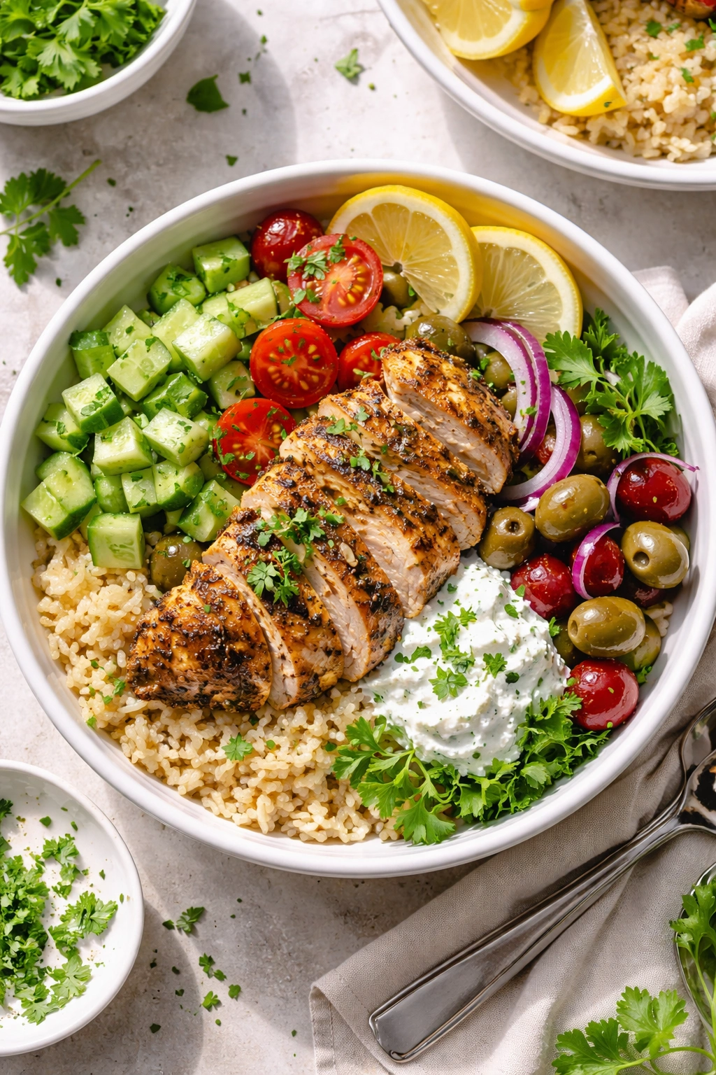 Finished Greek chicken bowl with grains, cucumber, tomatoes, olives and herbs