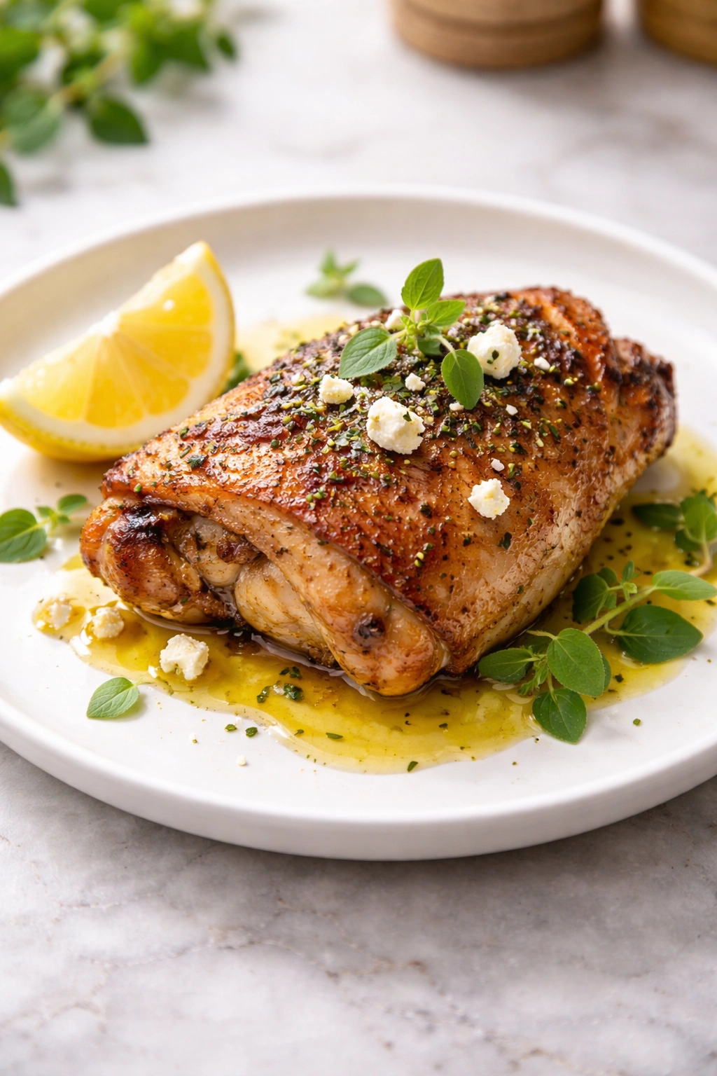 Golden chicken thigh plated simply with lemon and oregano